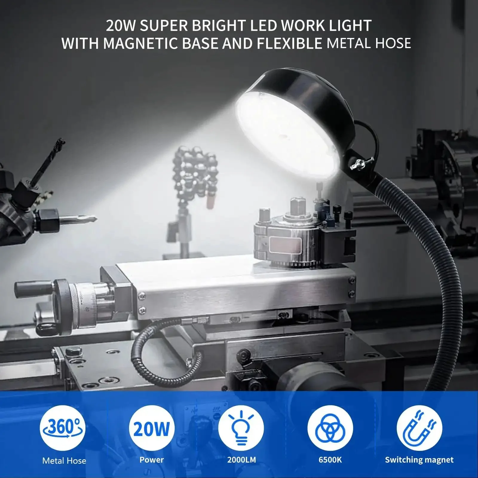 Magnetic 2000 Lumen LED Work Light With Flexible Base Ultra Bright Shop Tool Lamp For Lathe Workbench Sewing Machine And Bandsaw Ideal For Industrial Lighting And Precise Mechanical Work - Image 5