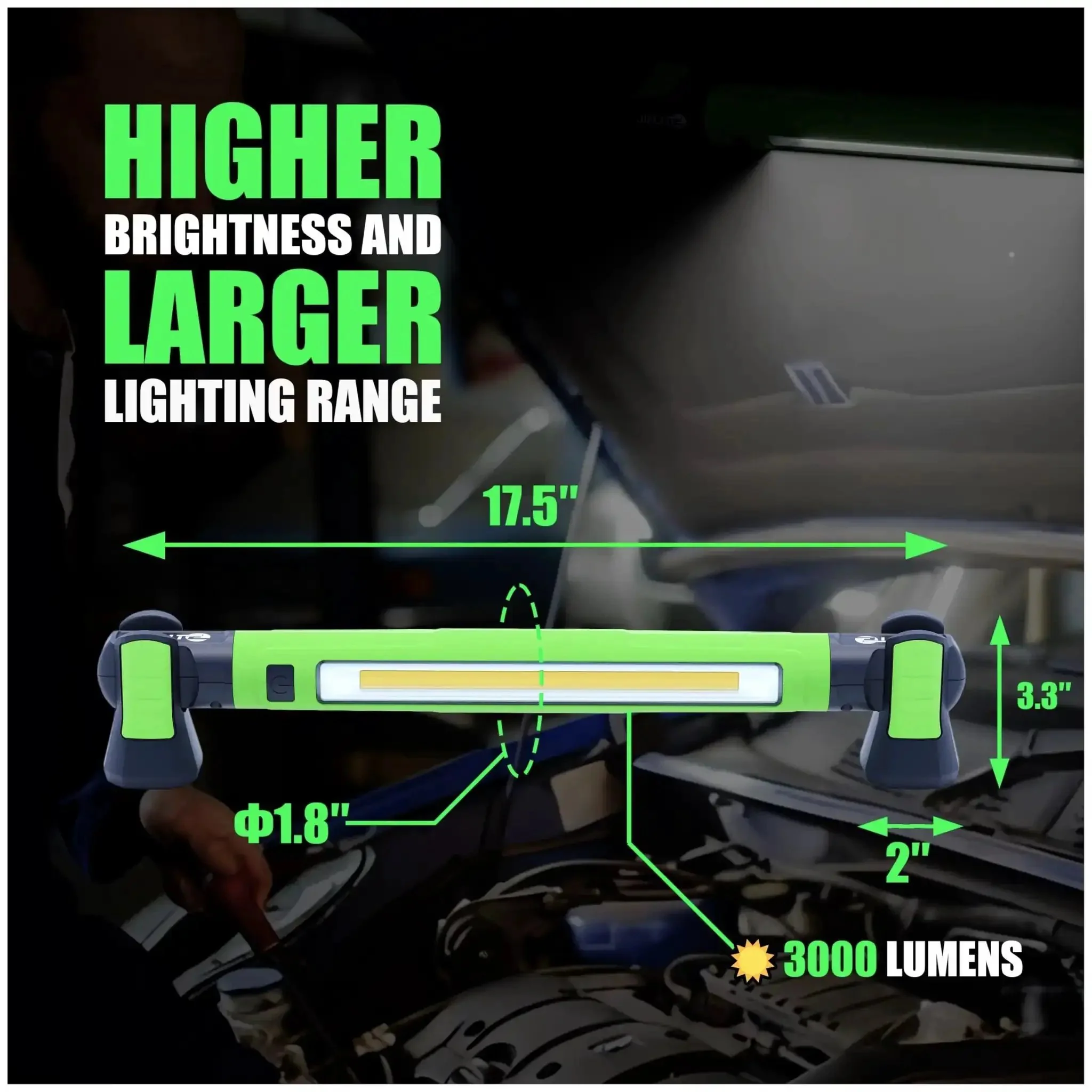 Magnetic 3000LM Rechargeable LED Work Light Bar With 5200mAh Battery Under Hood Mechanic Light For Garage And Workshop Vehicle Inspection SOS Flash Green 1 Pack - Image 4