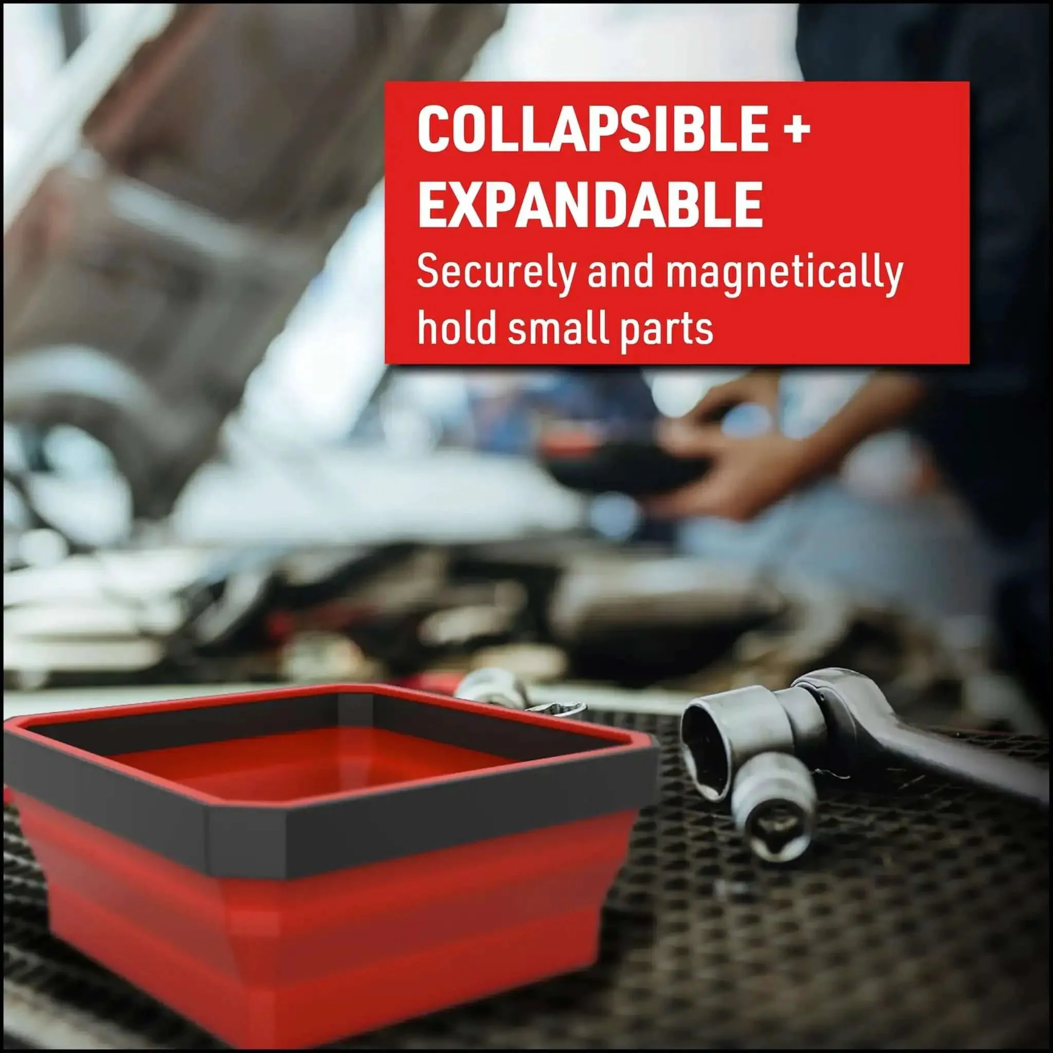 Magnetic Collapsible Parts Tray Organizer Set Of Three In Red Green And Orange For DIY Tool Parts With Low Profile Storage And Durable Silica ABS Construction That Keeps Small Hardware Organized While On The Go - Image 5
