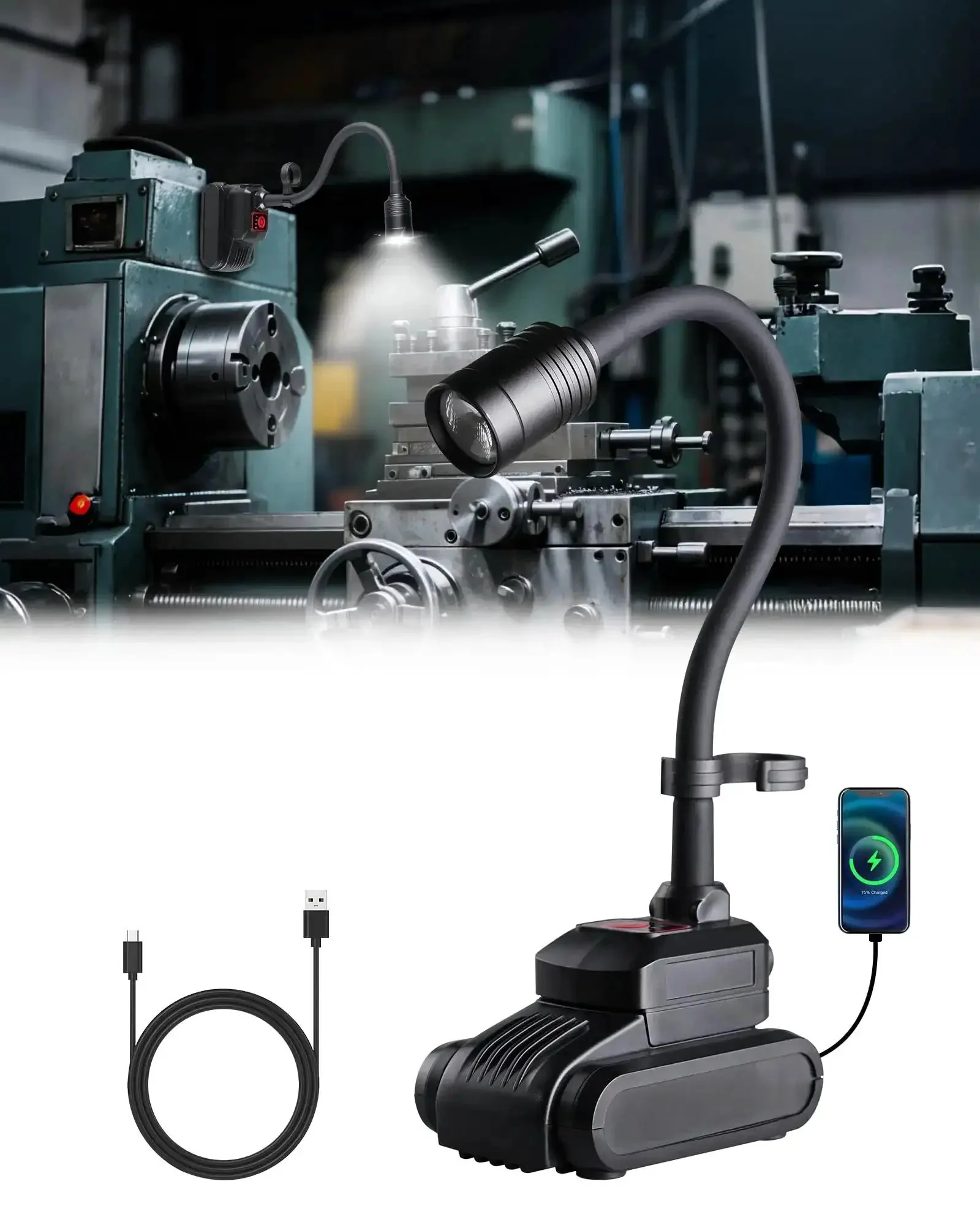Magnetic Gooseneck Work Light With 4400mAh Rechargeable Battery, 1000 Lumen LED Light For Workbench, Lathe, Sewing Machine And Grill, 3 Modes High Medium Low, Hanging Hook, Black