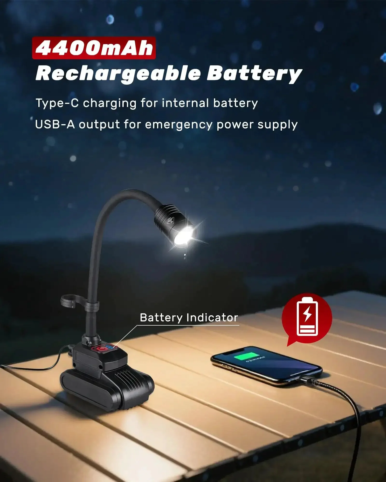 Magnetic Gooseneck Work Light With 4400mAh Rechargeable Battery, 1000 Lumen LED Light For Workbench, Lathe, Sewing Machine And Grill, 3 Modes High Medium Low, Hanging Hook, Black - Image 2