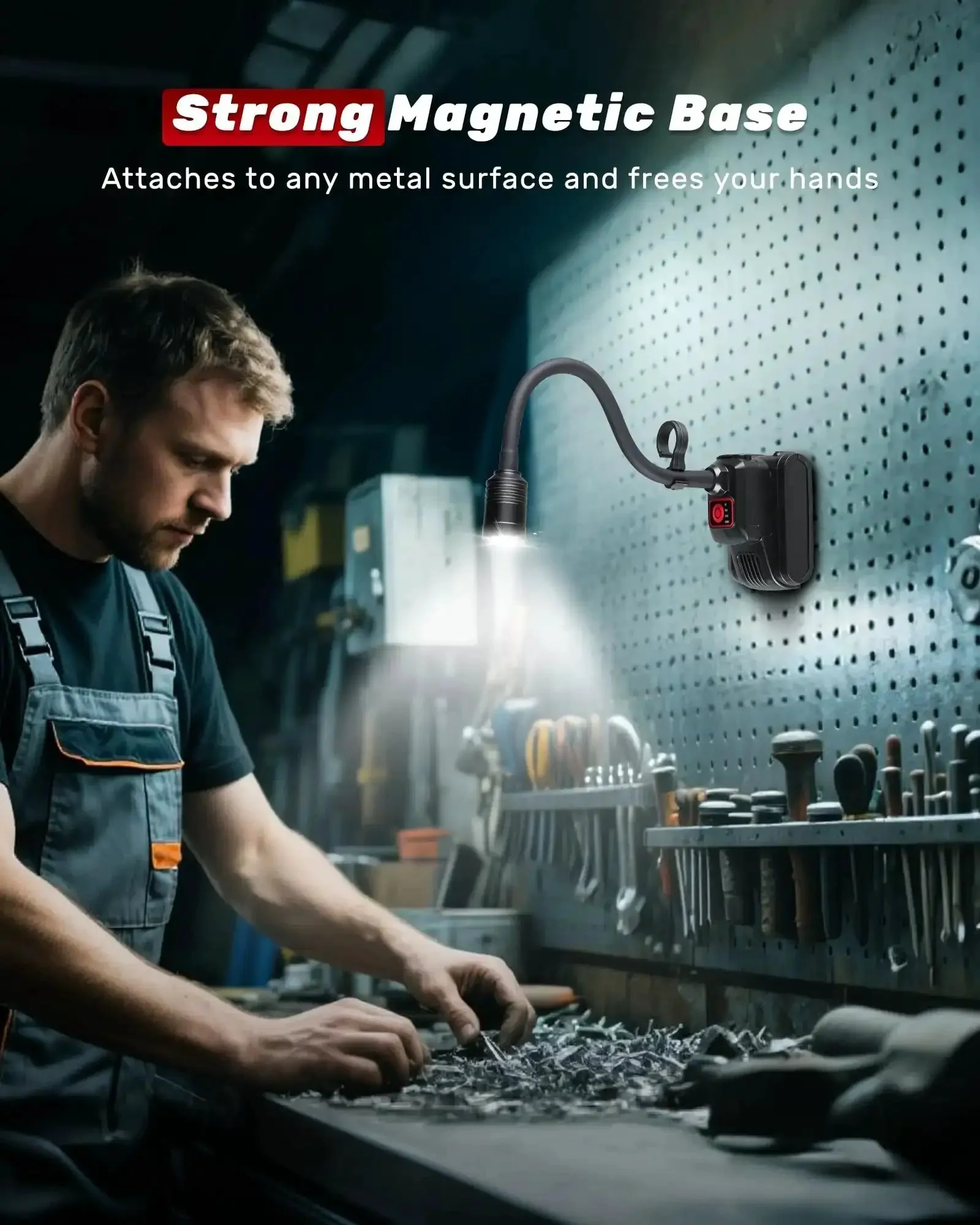Magnetic Gooseneck Work Light With 4400mAh Rechargeable Battery, 1000 Lumen LED Light For Workbench, Lathe, Sewing Machine And Grill, 3 Modes High Medium Low, Hanging Hook, Black - Image 4