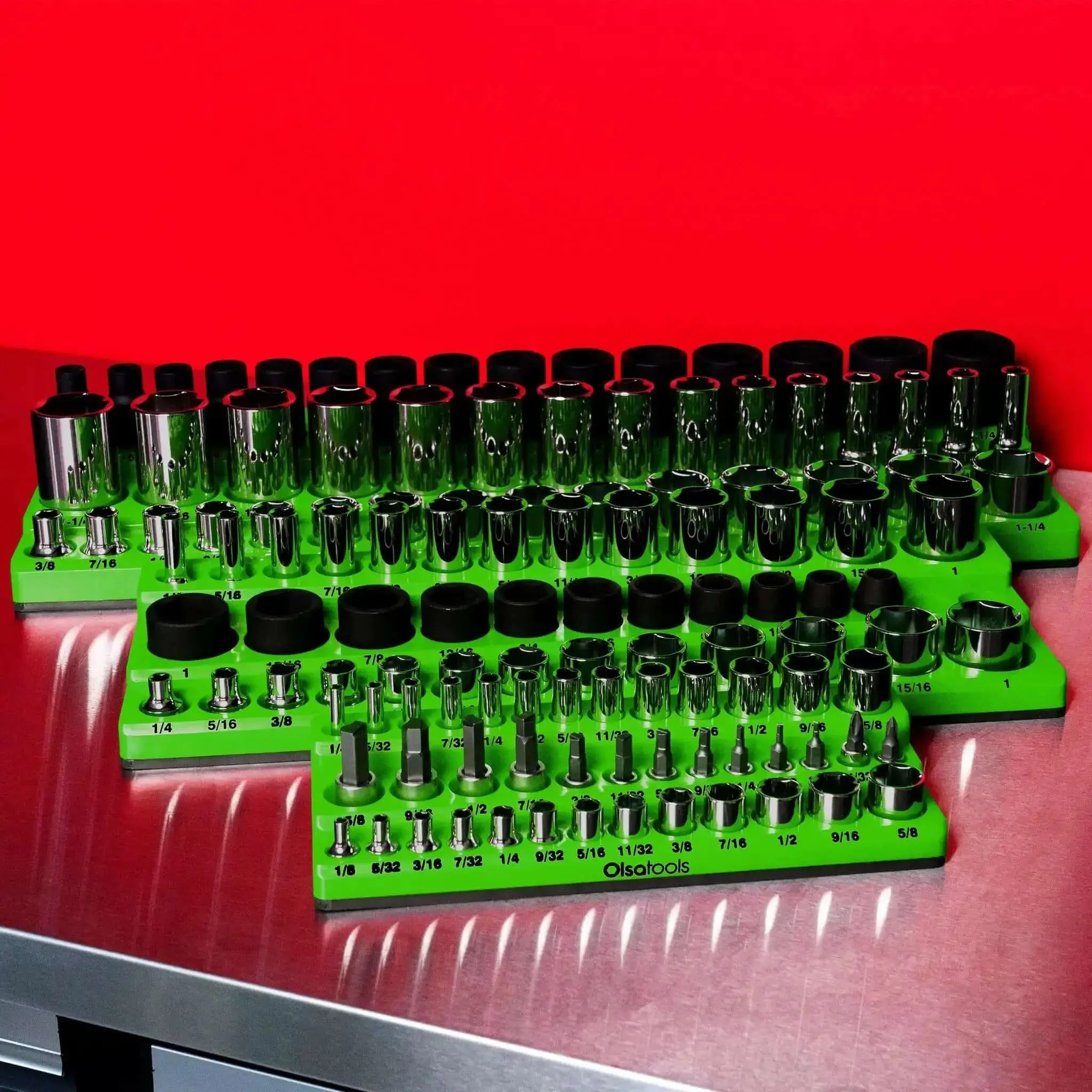 Magnetic Socket Organizer For One Quarter, Three Eighths And One Half Inch Drive SAE Sockets, Holds Up To One Hundred Twenty Three Sockets, Green Gearhead Must Have For A Clean, Streamlined Workshop - Image 2