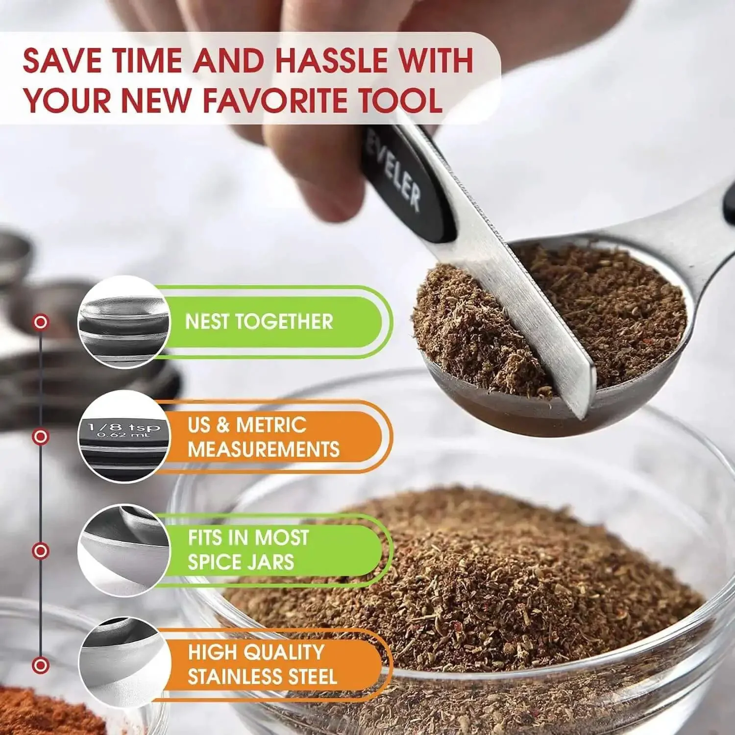 Magnetic Stainless Steel Measuring Spoons Set 8 Pieces With Leveler, Built Tough For Baking And Cooking, Heavy Duty Kitchen Gadgets That Fit In Most Spice Jars, Black - Image 5
