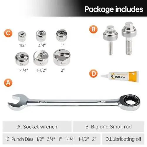 Manual Knockout Hole Punch Driver Kit 1/2 To 2 Inch Conduit Cutter Set With Chromed Punch Dies Beast KO Tool For Electrical Work Works With Battery Hydraulic Ratchet Or Manual Drivers - Image 4