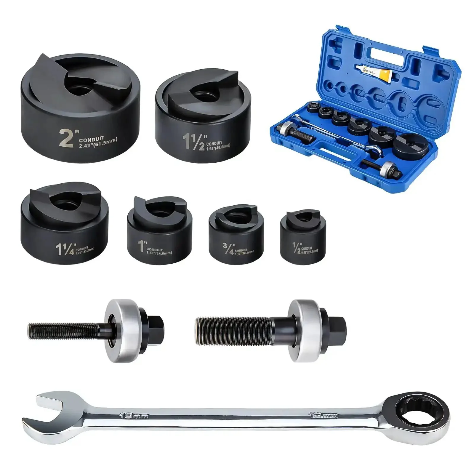 Manual Knockout Hole Punch Kit For Electrical Conduit From Half Inch To Two Inch, Pro Grade Heavy Duty Construction, Includes Manual Hydraulic Battery And Ratchet Drivers, Durable Steel Punches For Steel Stainless Brass Copper And Aluminum
