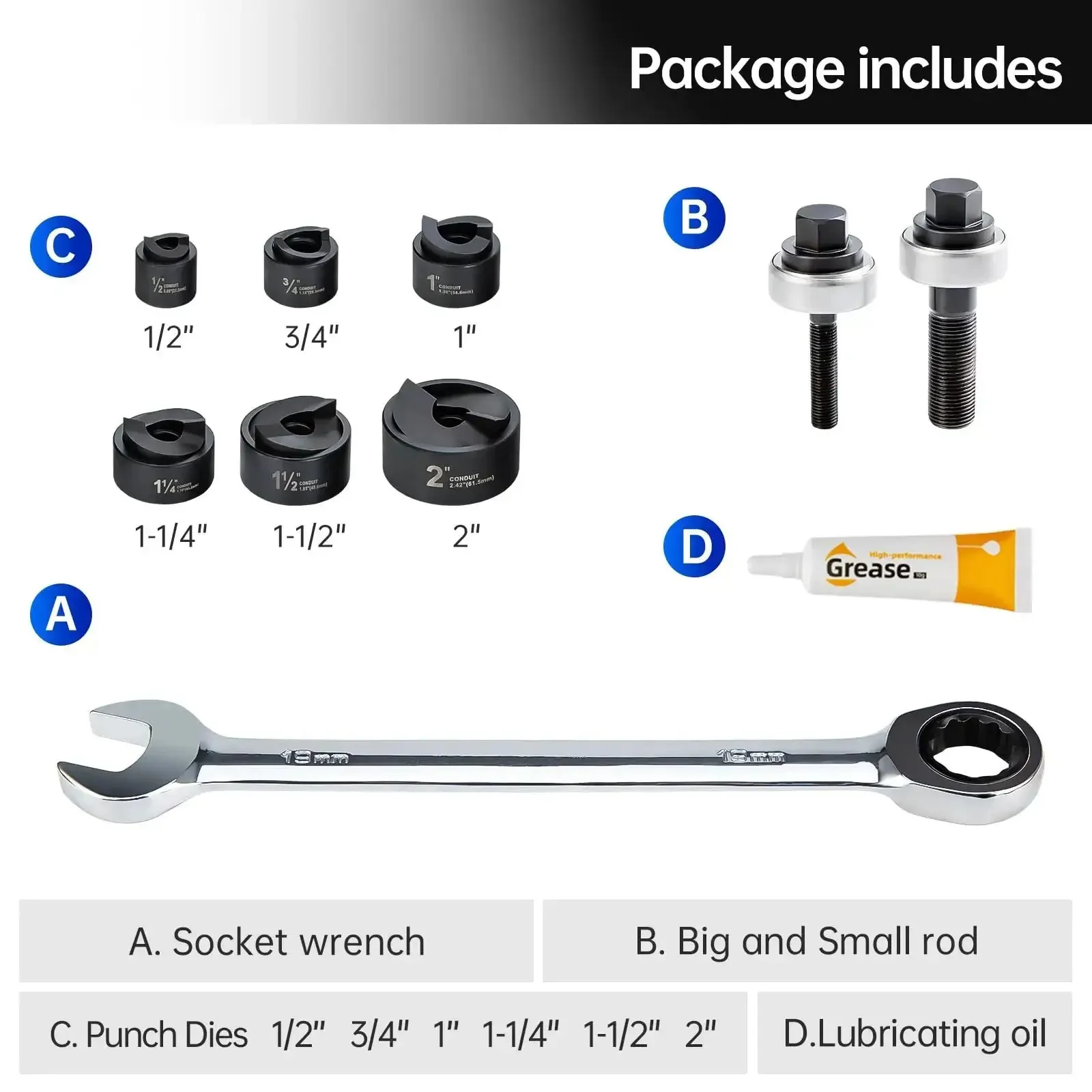 Manual Knockout Hole Punch Kit For Electrical Conduit From Half Inch To Two Inch, Pro Grade Heavy Duty Construction, Includes Manual Hydraulic Battery And Ratchet Drivers, Durable Steel Punches For Steel Stainless Brass Copper And Aluminum - Image 4