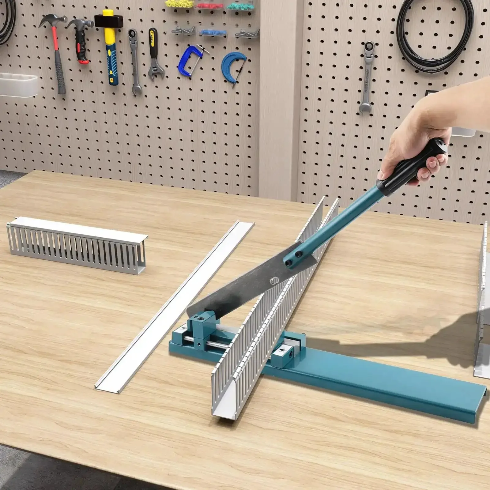 Manual Wire Duct Cutter For PVC Trunking And Open Slot Ducts, Adjustable 45 And 90 Degree Blade, Labor Saving Handle, Sharp No Burr Cut, Wide Slider, Safe Lock, Pro Grade Blue Trunking Tool For Easy Cover Cutting - Image 4