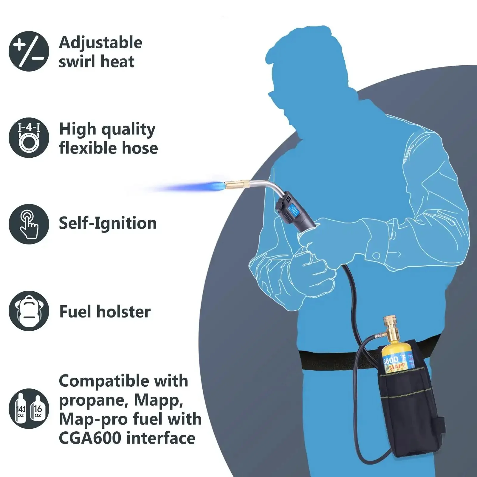 Map Gas Torch Kit With Holster, Adjustable Knob Trigger Start, And 4.9 Ft Hose For Safe Use In Tight Spaces, Ideal For Brazing, Soldering, Welding, Plumbing And HVAC Projects - Image 7