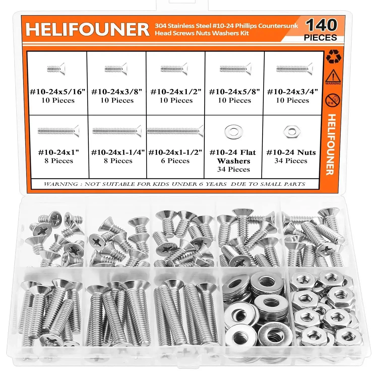 Massive 140 Piece Size 10 24 Phillips Countersunk Machine Screws Nuts And Washers Assortment Kit In 304 Stainless Steel Coarse Thread Fully Threaded For Do It Yourself Home Garage Projects