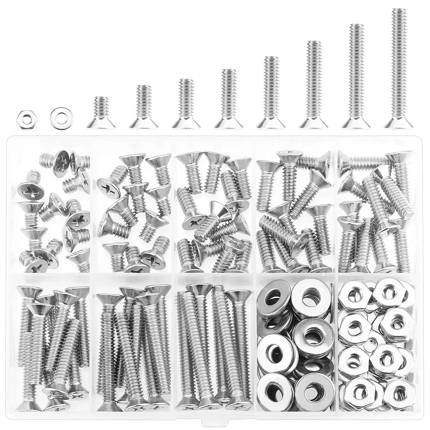 Massive 140 Piece Size 10 24 Phillips Countersunk Machine Screws Nuts And Washers Assortment Kit In 304 Stainless Steel Coarse Thread Fully Threaded For Do It Yourself Home Garage Projects - Image 2
