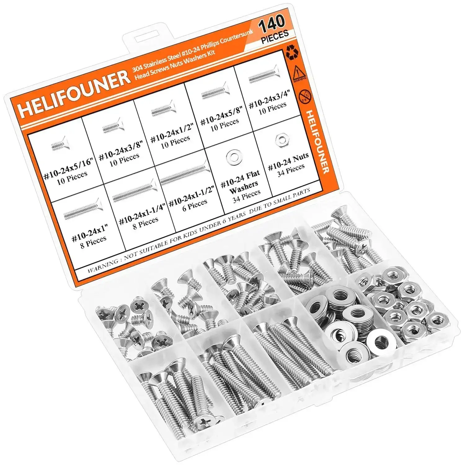 Massive 140 Piece Size 10 24 Phillips Countersunk Machine Screws Nuts And Washers Assortment Kit In 304 Stainless Steel Coarse Thread Fully Threaded For Do It Yourself Home Garage Projects - Image 3
