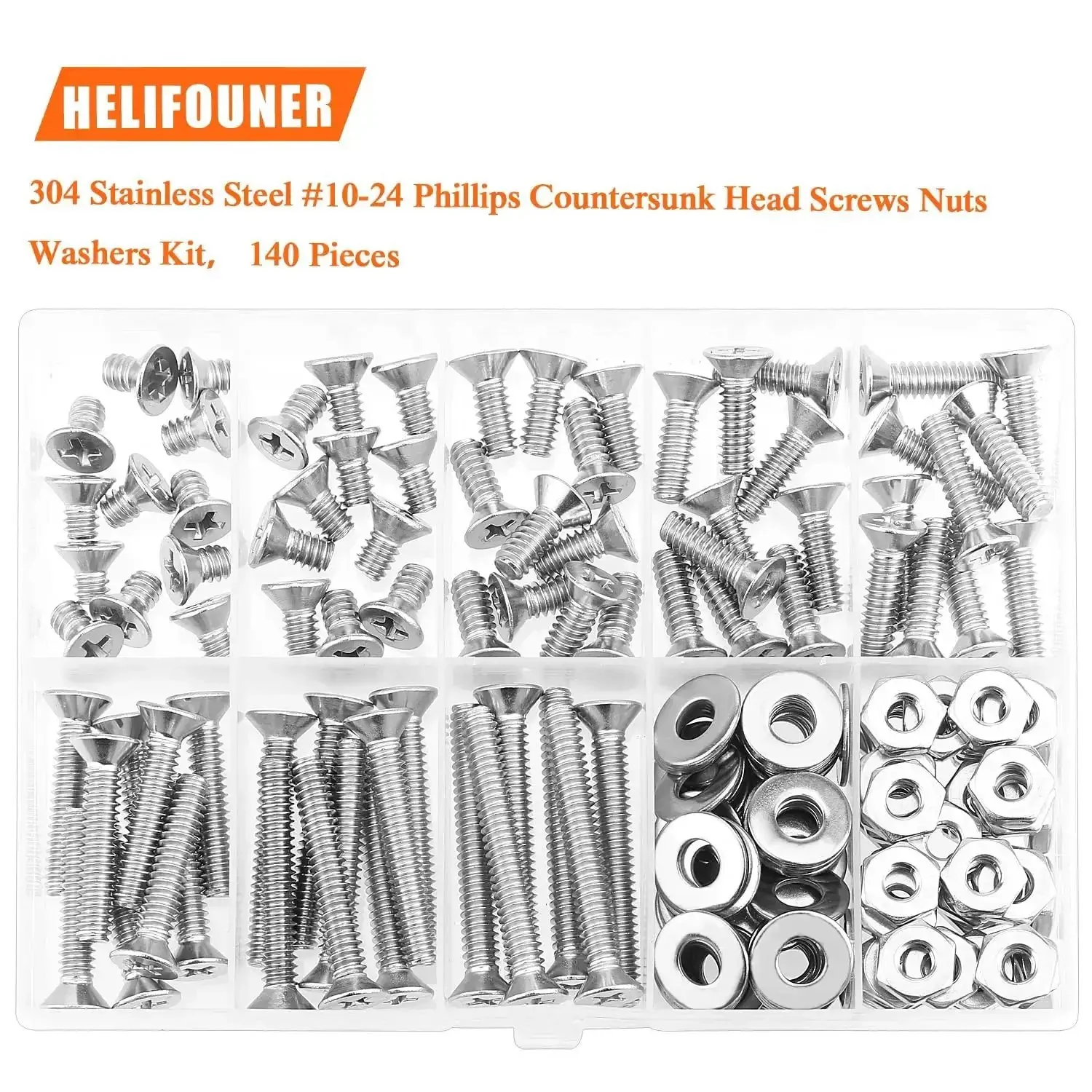 Massive 140 Piece Size 10 24 Phillips Countersunk Machine Screws Nuts And Washers Assortment Kit In 304 Stainless Steel Coarse Thread Fully Threaded For Do It Yourself Home Garage Projects - Image 5