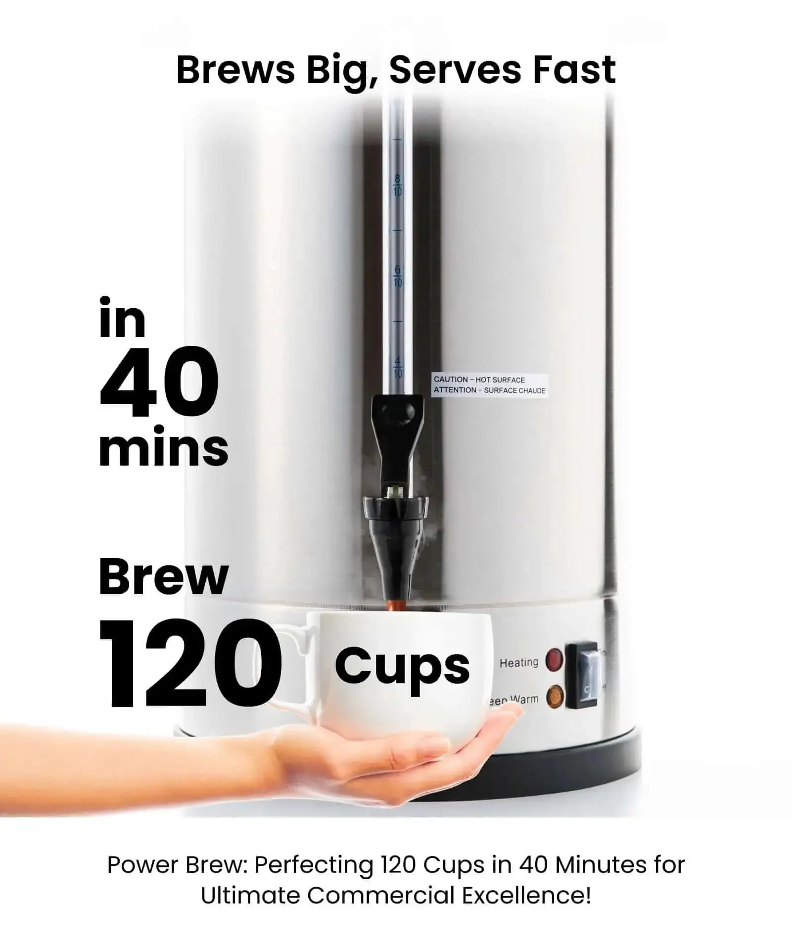 Massive 18 Liter Commercial Coffee Urn And Hot Beverage Dispenser Stainless Steel Percolator Maker Fast Brew That Keeps Drinks Hot Anti Drip Spout Event Ready For Big Crowds Catering Tea Water 120 Cup Capacity - Image 5