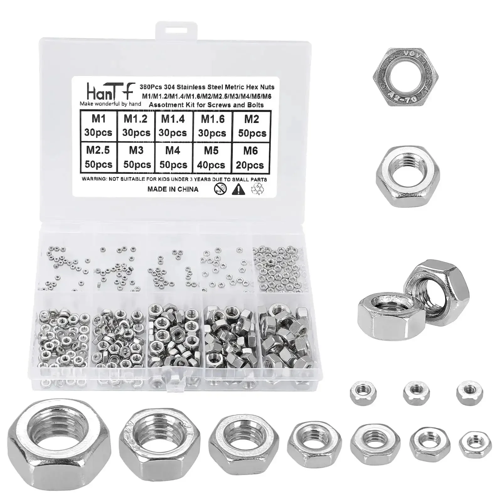 Massive 380Pcs Hex Nuts Set for DIY Projects, Metric M1 Through M6, 304 Stainless Steel 18-8 External Hex Nuts, Assorted Kit for Screws and Bolts, Durable, Corrosion-Resistant, Easy Grip Hardware