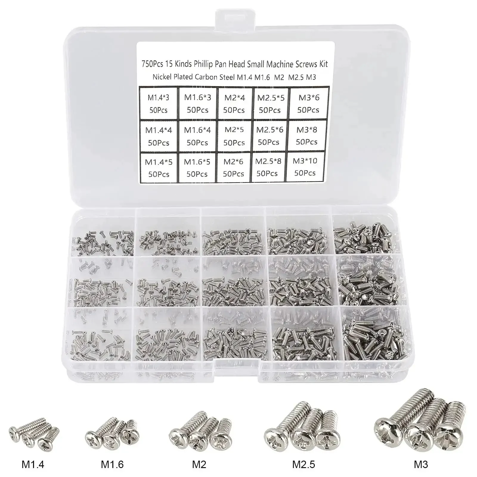 Massive 750 Piece Small Machine Screw Set M1.4 M1.6 M2 M2.5 M3 Phillips Pan Head Tiny Screws For Watch, Toy, And Electronics Repair Nickel Plated Carbon Steel Kit With 15 Sizes, 50 Pieces Each In Storage Bag - Image 2