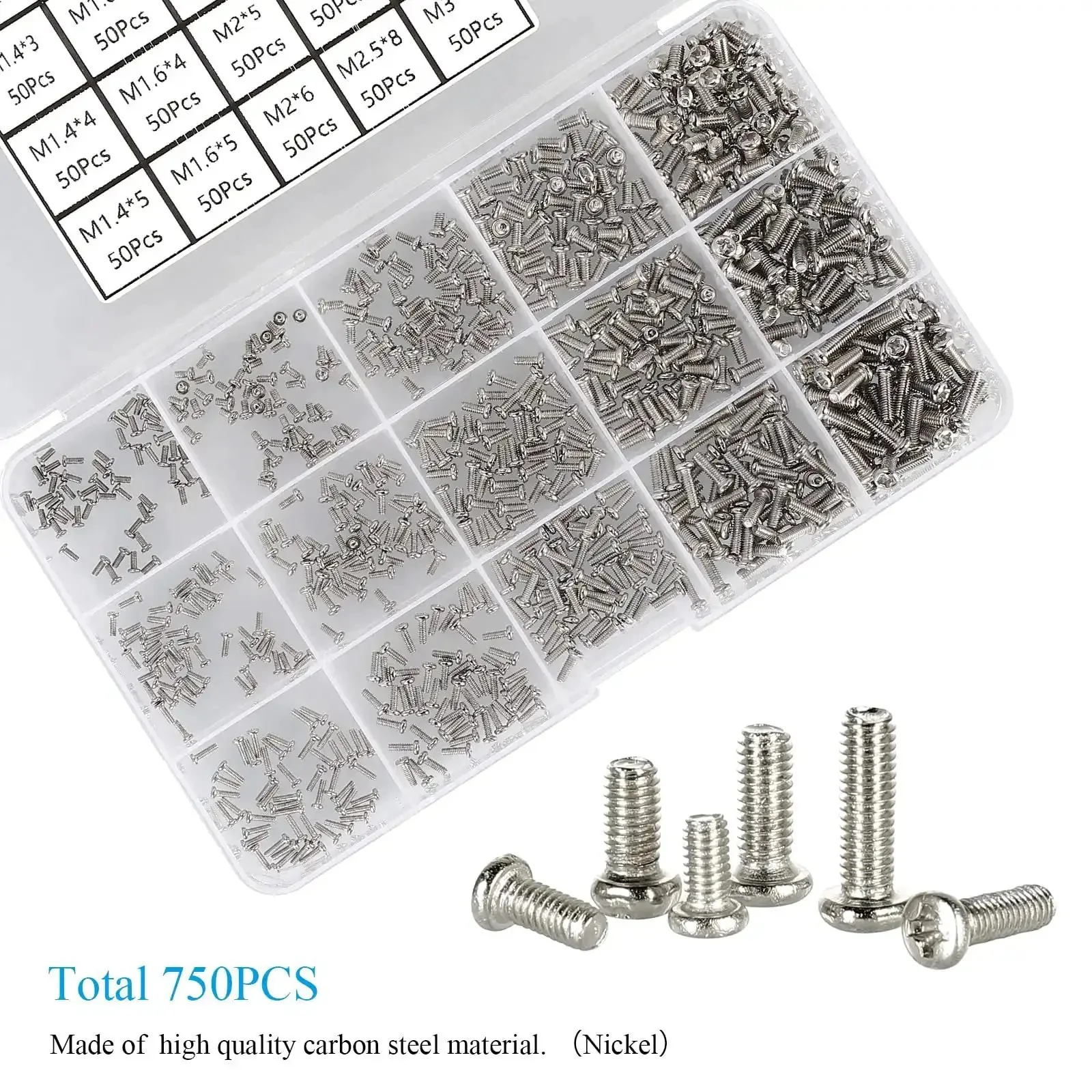Massive 750 Piece Small Machine Screw Set M1.4 M1.6 M2 M2.5 M3 Phillips Pan Head Tiny Screws For Watch, Toy, And Electronics Repair Nickel Plated Carbon Steel Kit With 15 Sizes, 50 Pieces Each In Storage Bag - Image 7