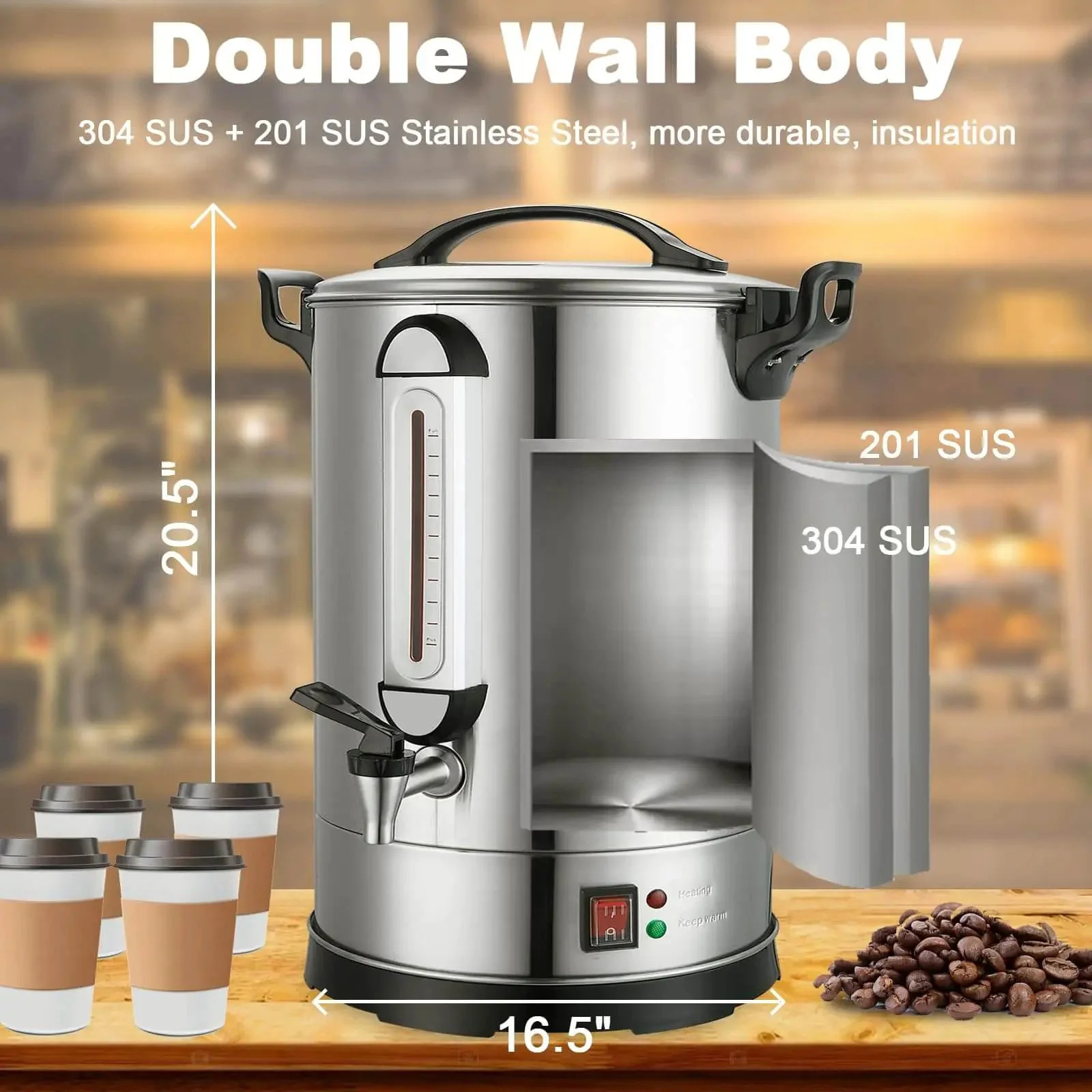 Massive Commercial Coffee Urn With 155 Cup Capacity Dual Layer Industrial Grade Stainless Steel 1500W 120V Hot Water Dispenser For Catering Churches Restaurants Workhorse Keeps Coffee Hot All Day - Image 5