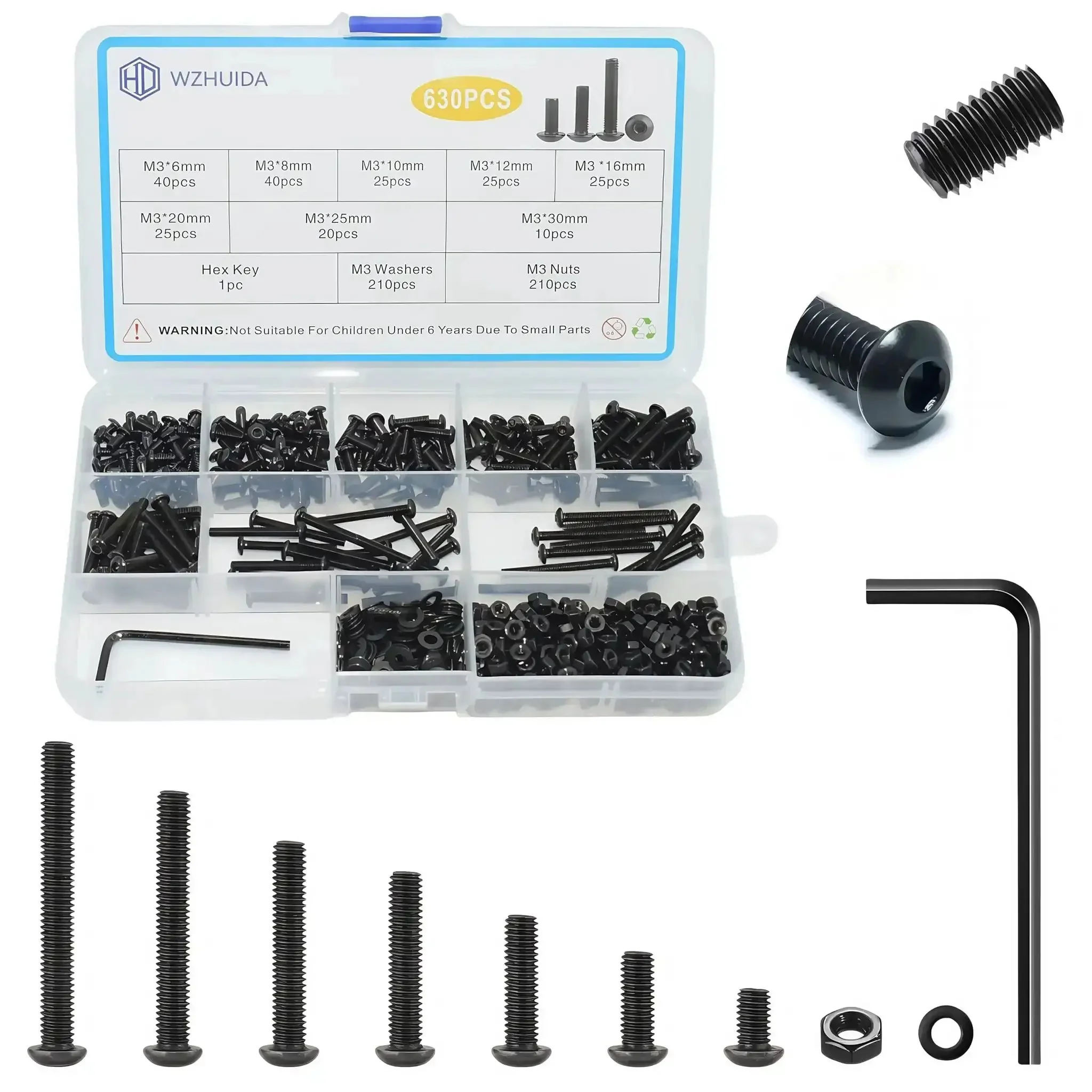 Massive M3 Screws And Nuts Assortment Kit With Washers And Wrench, 630 Pcs Includes M3 Hex Button Head Socket Cap Screws In 6 8 10 12 16 20 25 30mm, Plus 210 M3 Nuts And 210 Washers, Black Zinc Plated For Easy DIY Projects