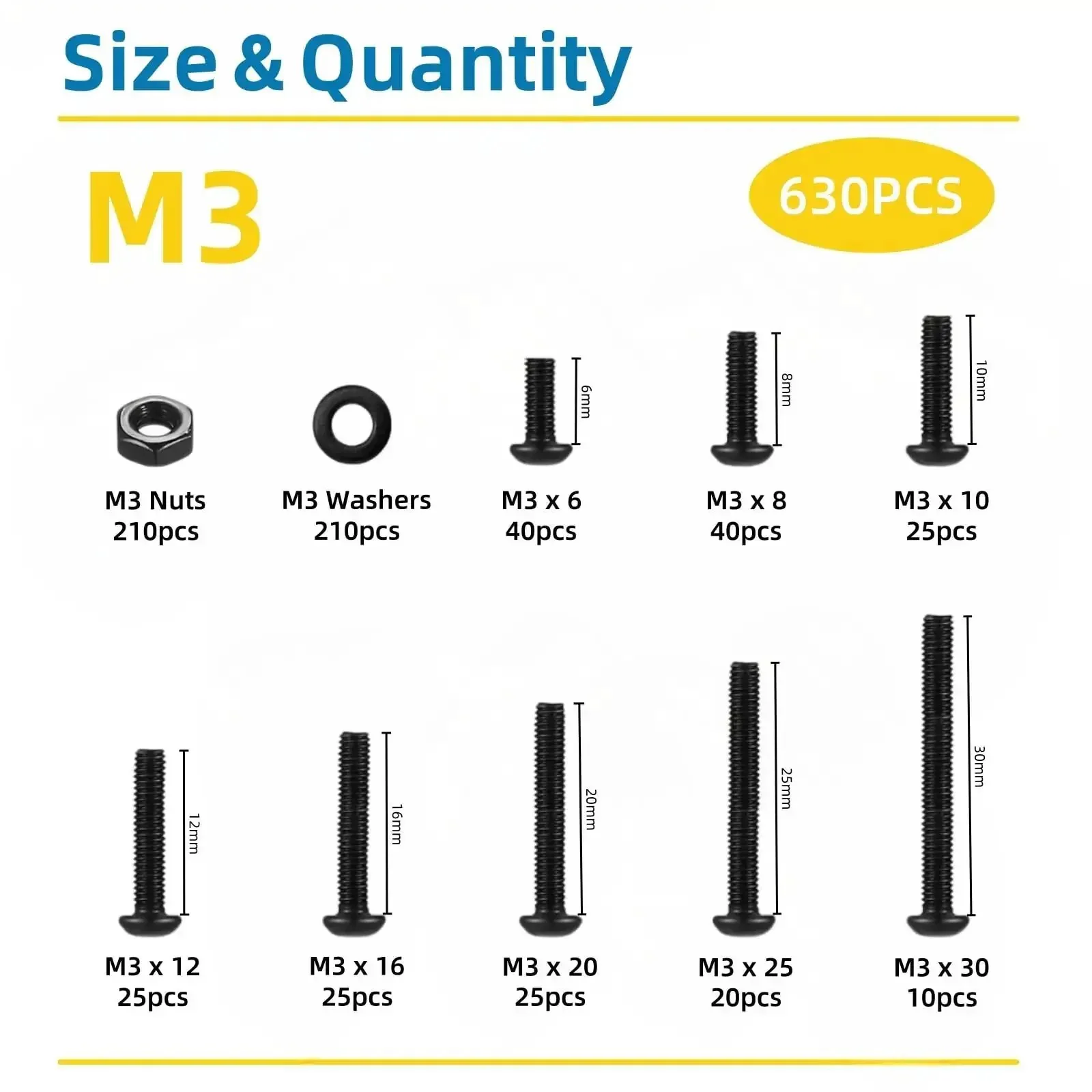 Massive M3 Screws And Nuts Assortment Kit With Washers And Wrench, 630 Pcs Includes M3 Hex Button Head Socket Cap Screws In 6 8 10 12 16 20 25 30mm, Plus 210 M3 Nuts And 210 Washers, Black Zinc Plated For Easy DIY Projects - Image 7