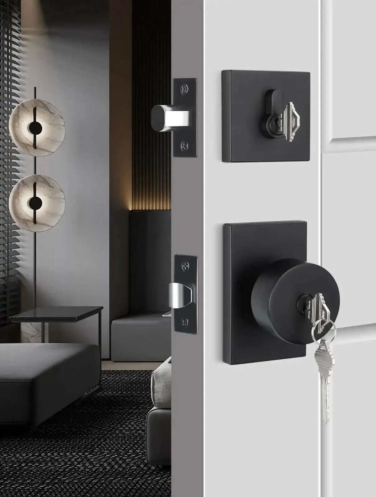 Matte Black Exterior Door Lock Set With Square Contemporary Knob And Deadbolt, Heavy Duty Front Door Hardware For Security, Built To Last Entry Lock, 1 Pack, Modern Residential Hardware