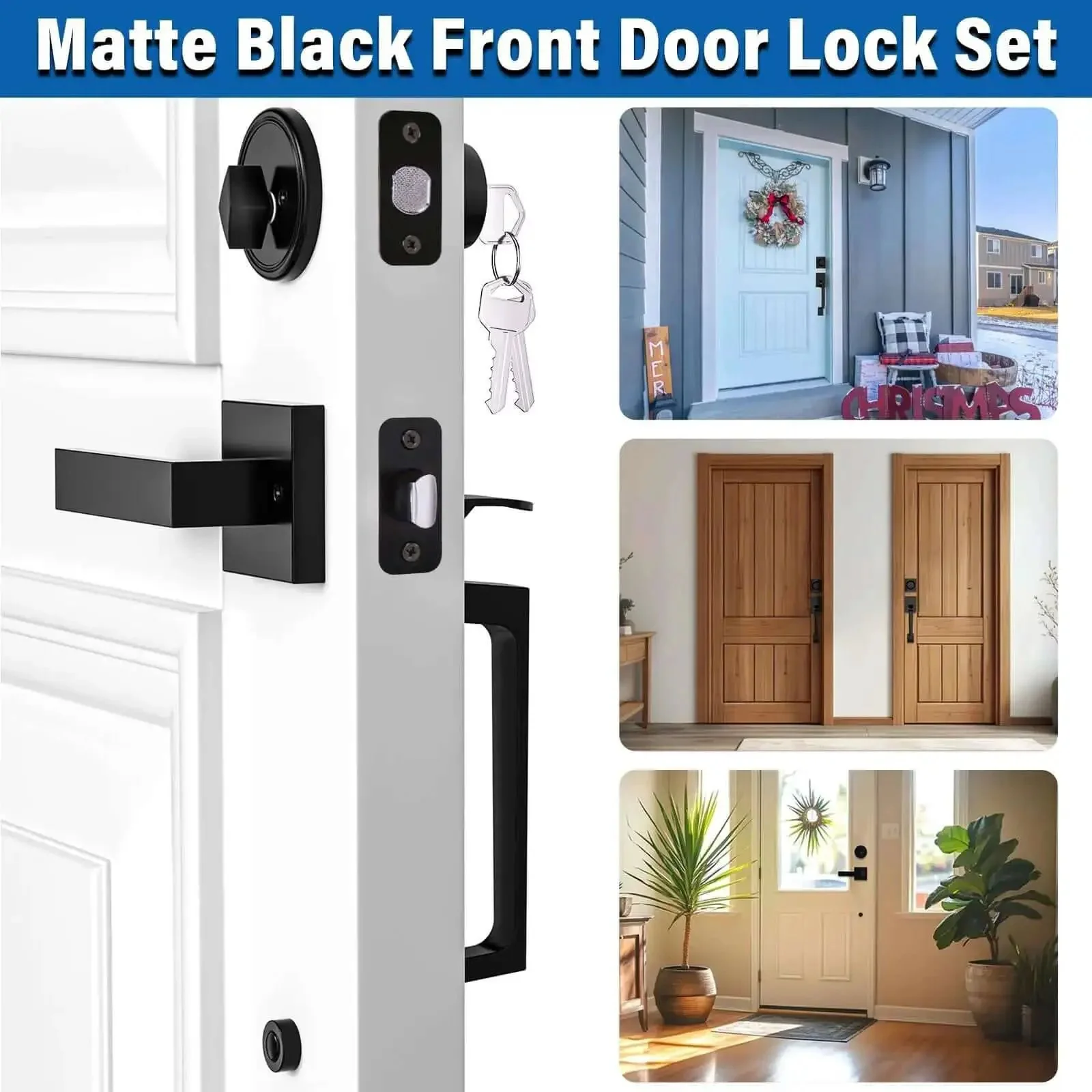 Matte Black Front Door Handle And Single Cylinder Deadbolt Combo Set With Exterior Door Lever, Heavy Duty Modern Front Door Lock, Reversible For Right And Left Sides, Built To Last, Tough As Nails Zinc Alloy Hardware - Image 2