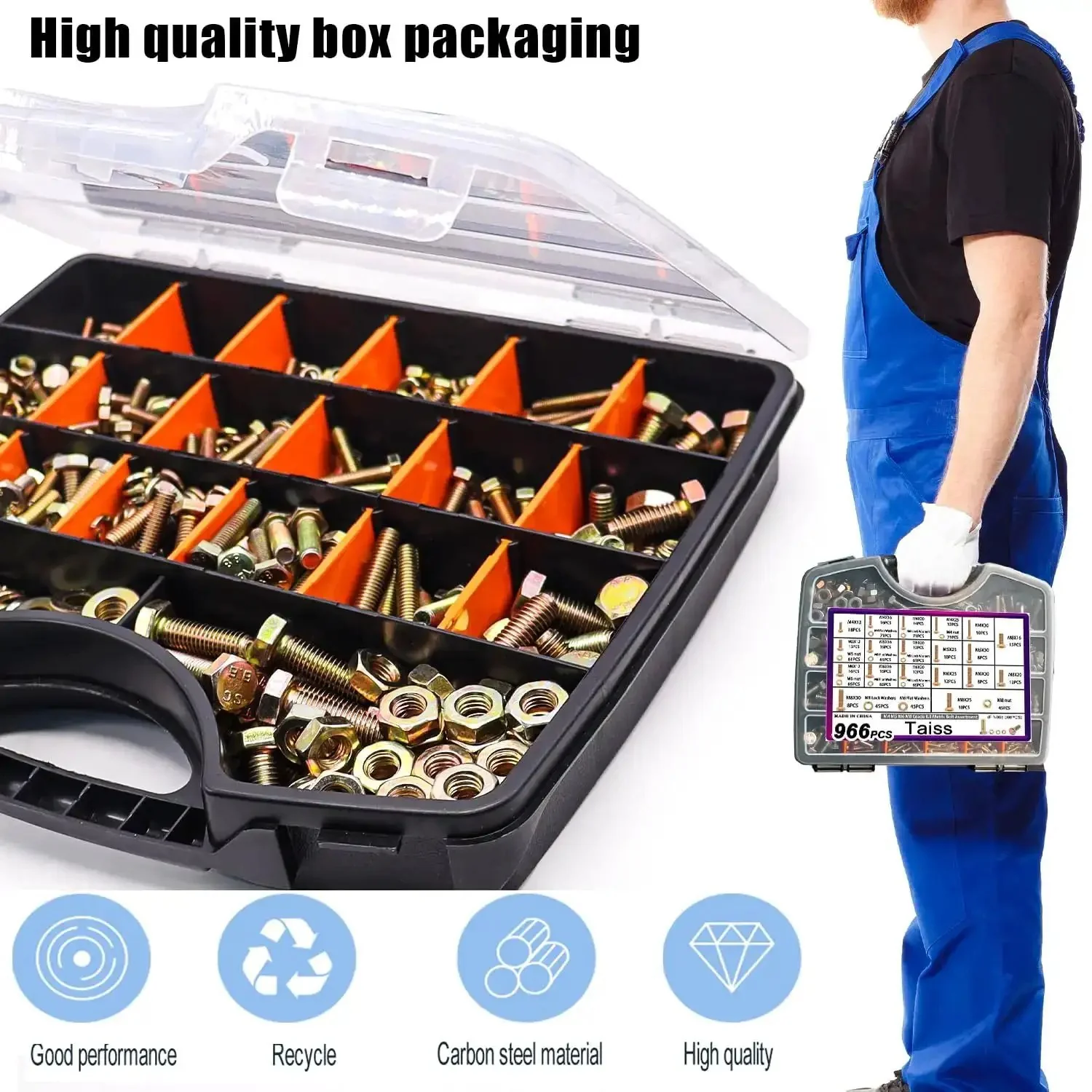 Mega Heavy Duty Metric Bolt And Nut Kit 966 Piece Grade 8 8 With Portable Storage Box Includes M4 To M8 Hex Bolts Nuts And Washers For Home DIY Auto Projects - Image 5