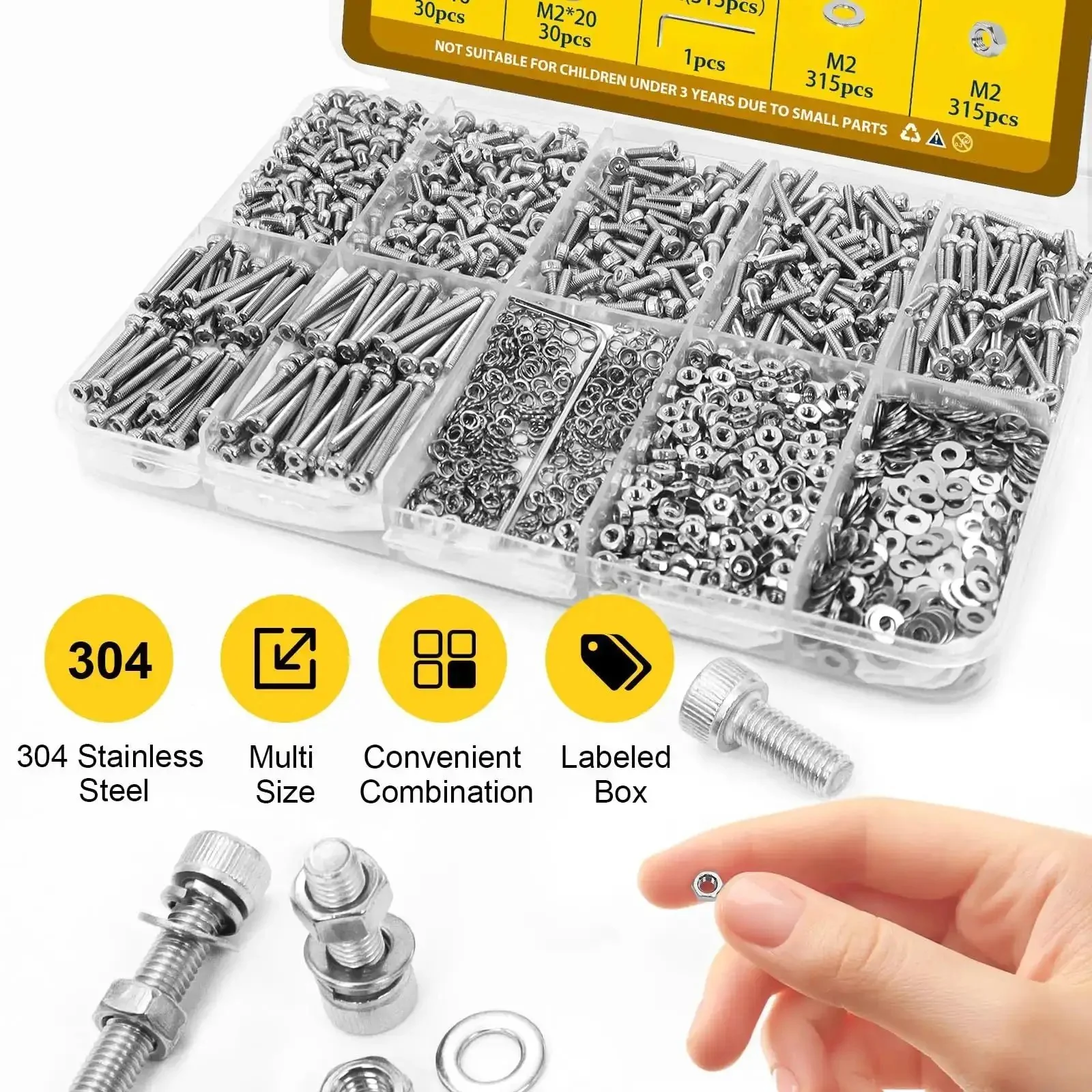 Mega M2 Hex Socket Head Cap Screw Set 1260 Pieces Stainless Steel 304 Includes M2 Bolts In 4mm 6mm 8mm 10mm 12mm 16mm 20mm Hex Nuts Flat And Spring Washers With Mini Wrench For 3D Printers Electronics RC DIY CNC - Image 5
