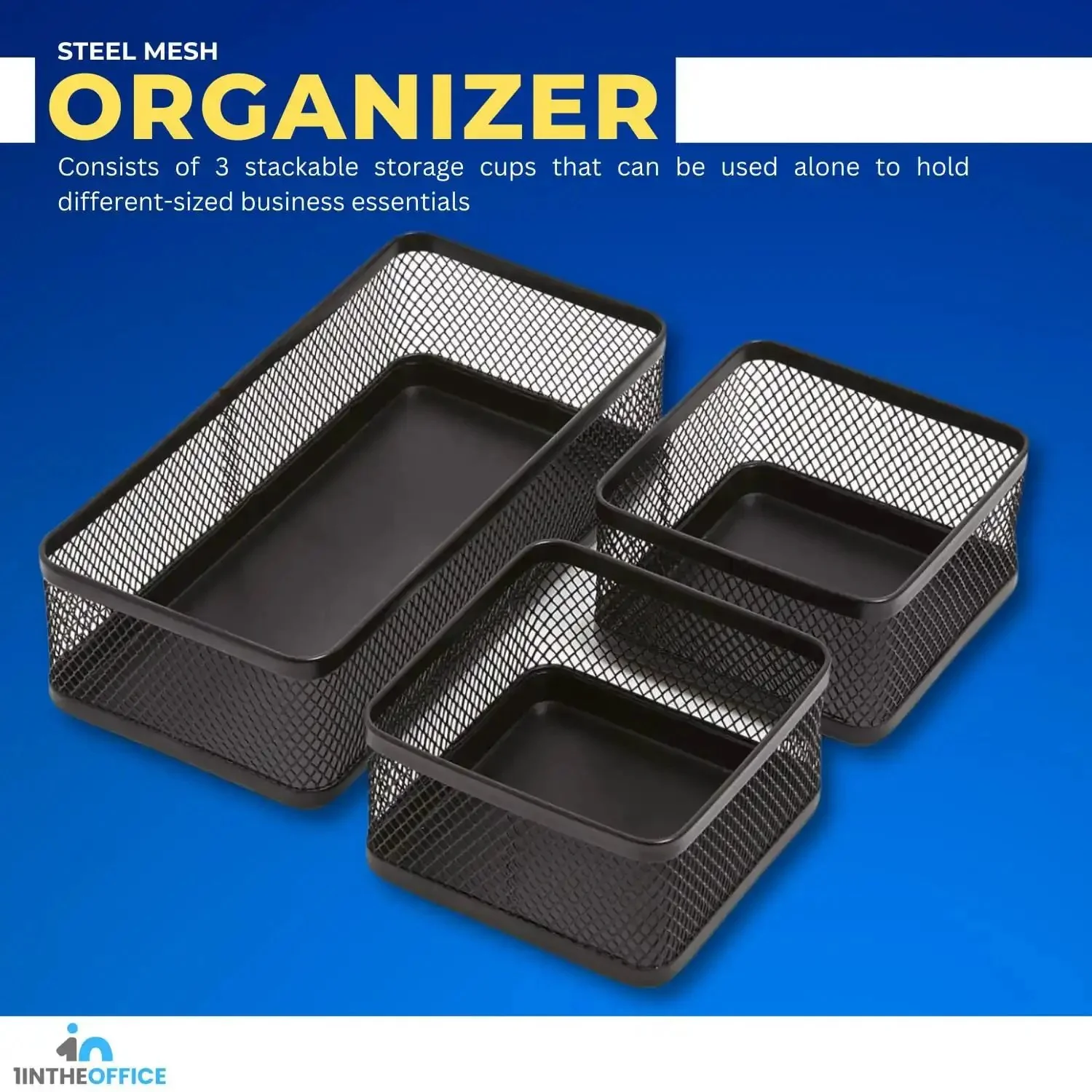 Mesh Desk Drawer Organizer Tray With 3 Stackable Compartments In Matte Black Keeps Pens Clips Sticky Notes And Small Office Essentials Neat Within Reach And Clutter Free For A Clean Workspace - Image 3