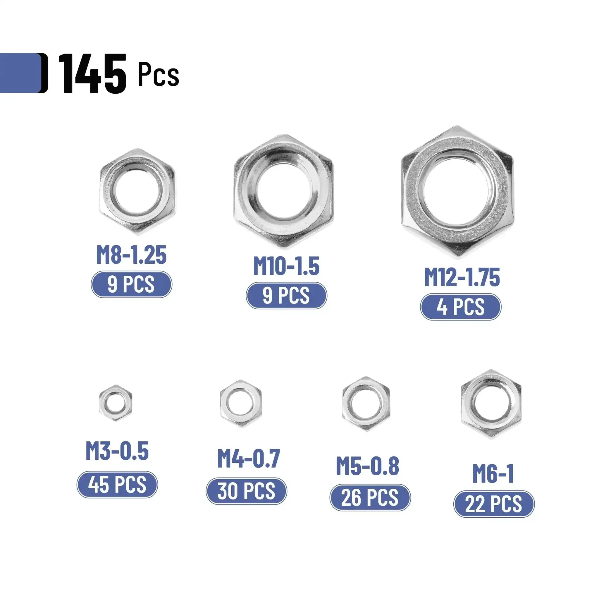 Metric Hex Nut Set, 145-Piece Assortment Kit With 7 Sizes M3 M4 M5 M6 M8 M10 M12, 304 Stainless Steel Nuts For Hardware And Machinery, Rust Resistant, Pro Grade Fasteners For DIY Projects And Repairs - Image 8