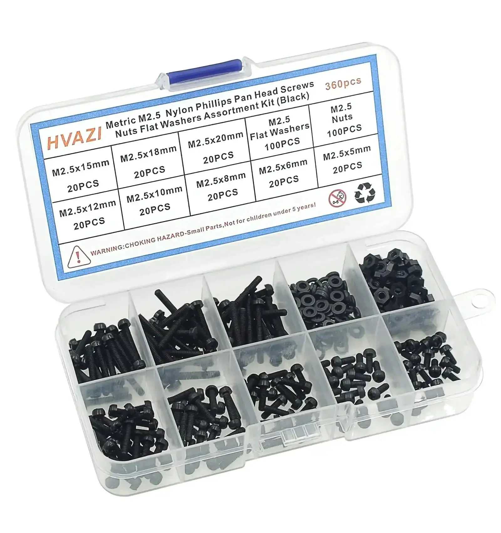 Metric M2.5 Nylon Phillips Pan Head Screws Nuts Flat Washers Assortment Kit Black PA66 360 Pcs Includes M2.5x5mm M2.5x6mm M2.5x8mm M2.5x10mm M2.5x12mm M2.5x15mm Lengths For Quick DIY Fixes And Home Projects - Image 4