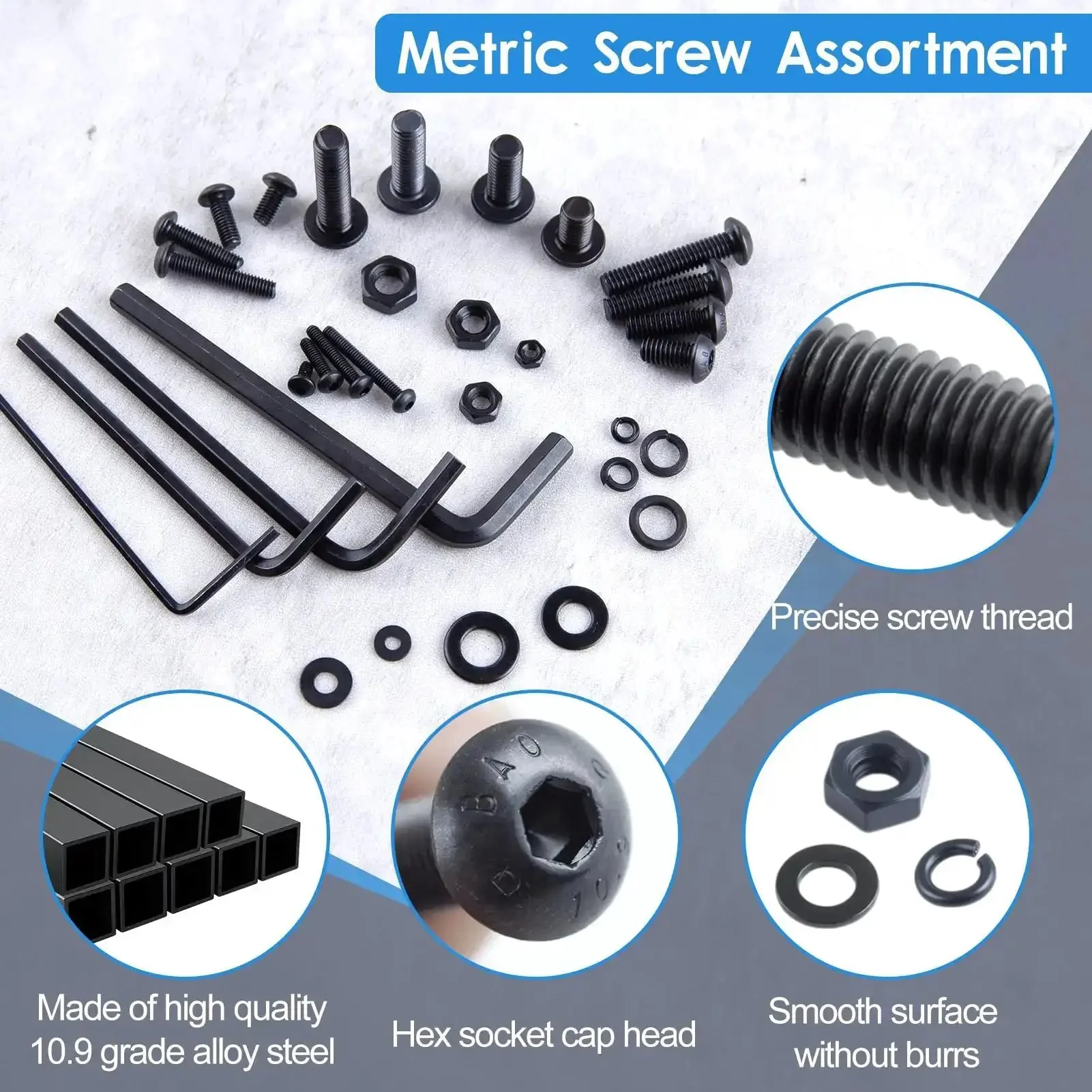 Metric Screw And Bolt Kit With Washers 2000Pcs M2 M3 M4 M5 4 mm To 20 mm Lengths Nuts Lock Washers Flat Washers And 4 Hex Wrenches Grade 10.9 Alloy Steel Heavy Duty Fastener Set For DIY Projects - Image 5