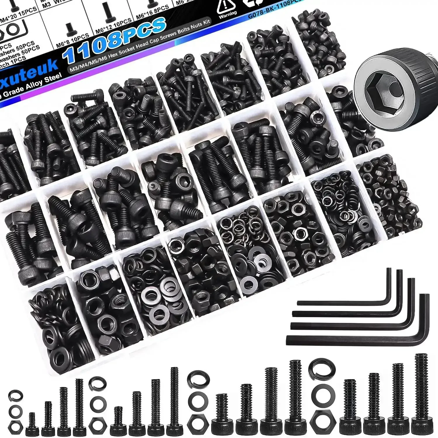 Metric Screw Assortment Kit With Lock And Flat Washers For M3 M4 M5 M6 Hex Socket Head Cap Screws 12.9 Carbon Steel Bolts Nuts Set With Four Hex Wrenches 1108 Pieces