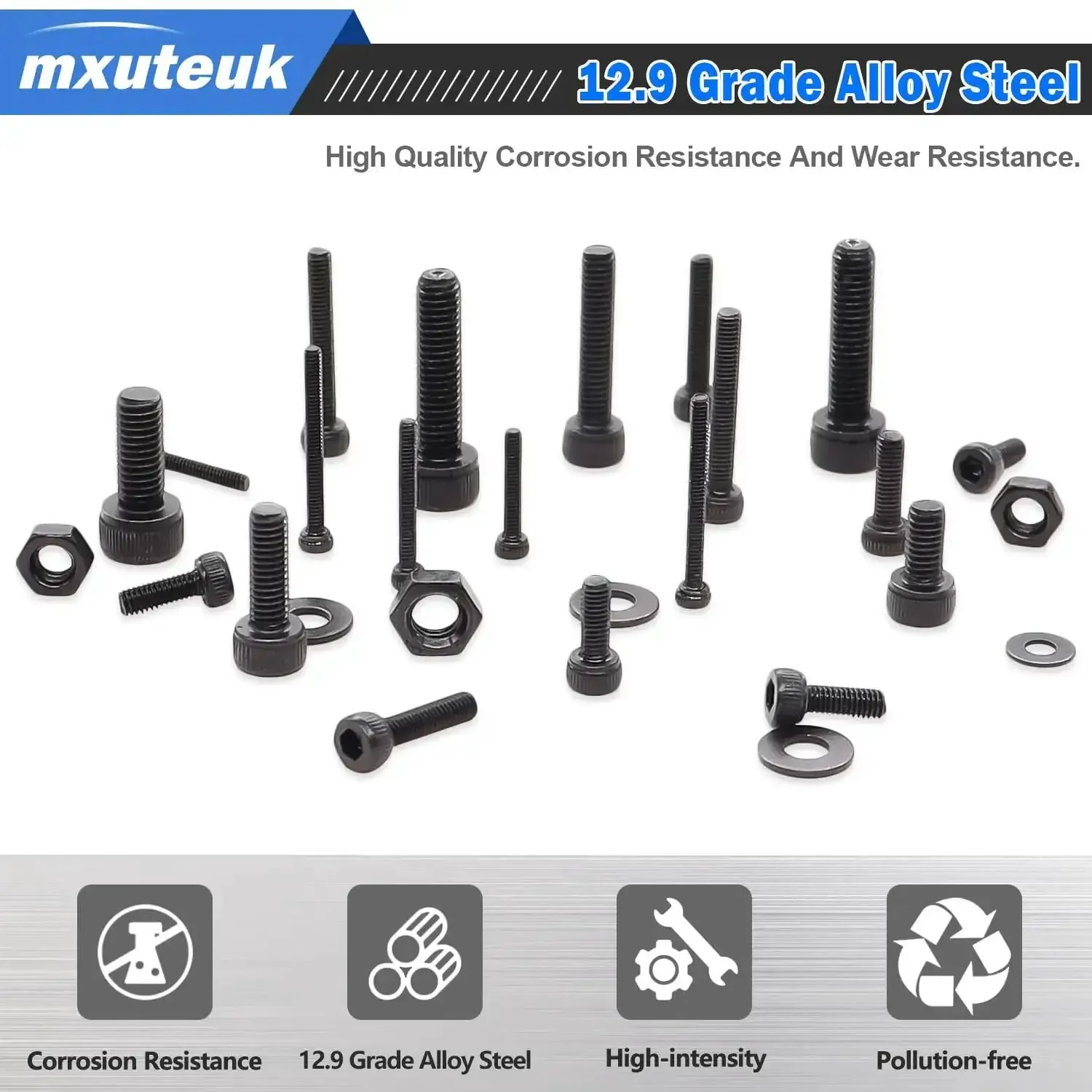 Metric Screw Assortment Kit With Lock And Flat Washers For M3 M4 M5 M6 Hex Socket Head Cap Screws 12.9 Carbon Steel Bolts Nuts Set With Four Hex Wrenches 1108 Pieces - Image 4