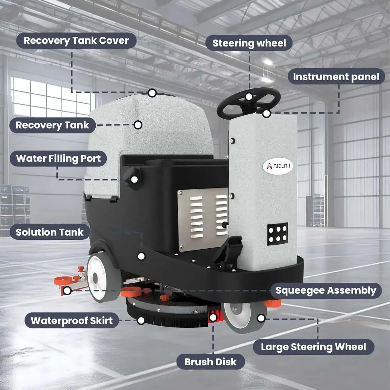Micro Ride On Floor Scrubber Dryer Kit 22 Inch Cleaning Path 25 Gallon Capacity Up To 55,000 Sq Ft Per Hour Lithium Battery Fast Charge All Parts Included Go-To Floor Cleaning For Airports Malls And Schools - Image 3