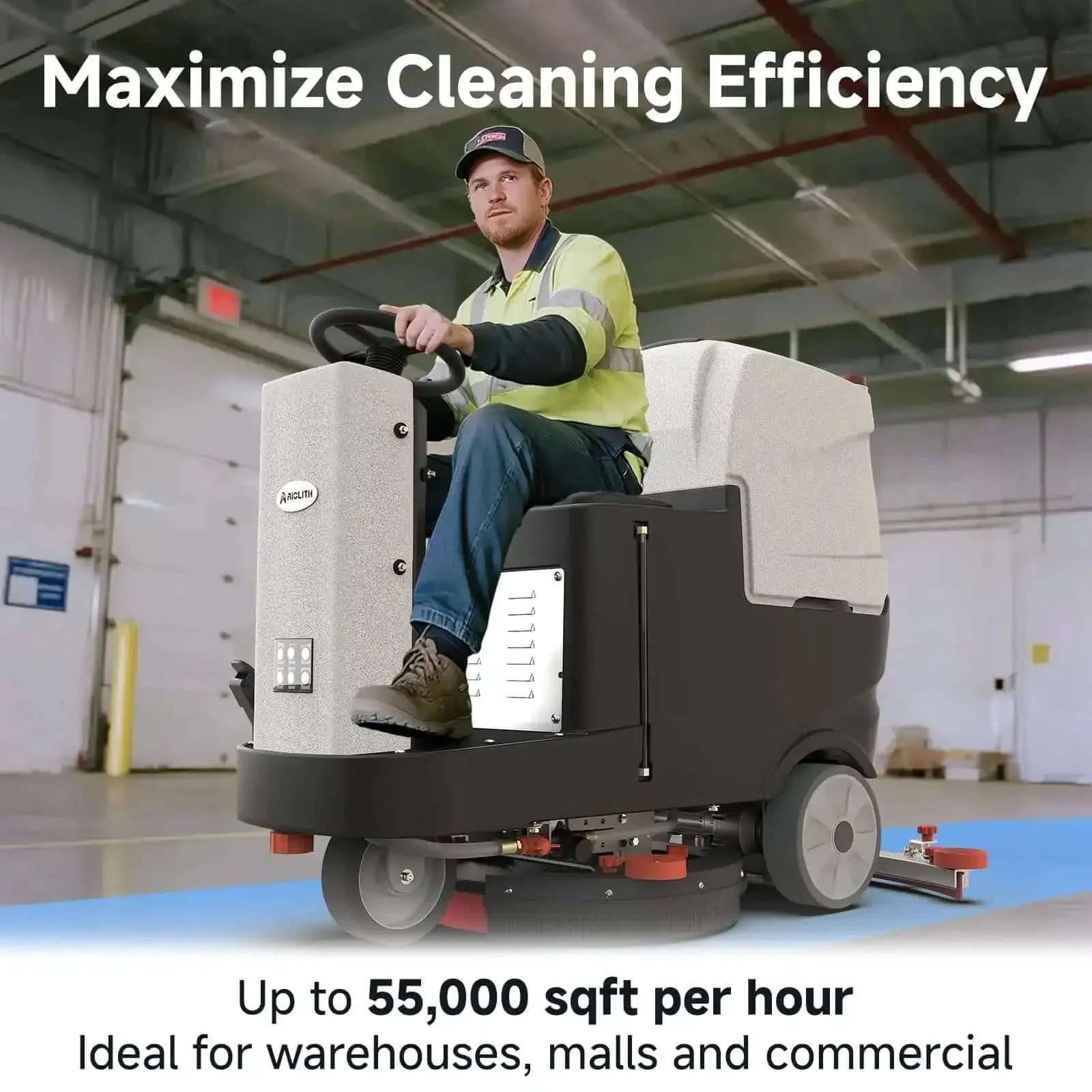 Micro Ride On Floor Scrubber Dryer Kit 22 Inch Cleaning Path 25 Gallon Capacity Up To 55,000 Sq Ft Per Hour Lithium Battery Fast Charge All Parts Included Go-To Floor Cleaning For Airports Malls And Schools - Image 4