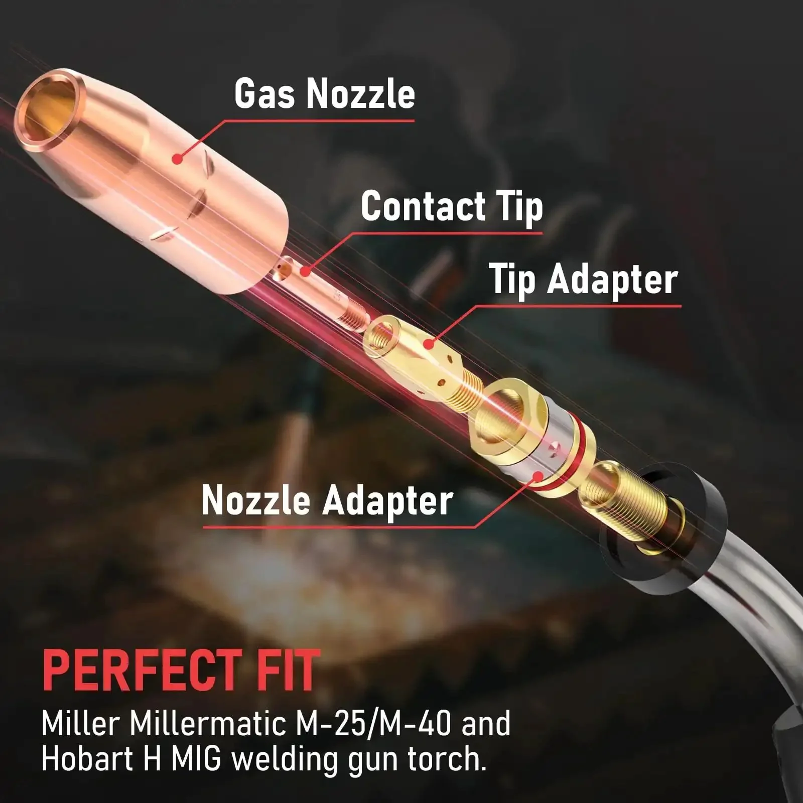 Mig Welding Gun Accessory Kit For Miller Millermatic M25 M40 And Hobart Torch 0.035 Inch Tips Nozzles Diffuser Includes 2 Gas Nozzles 169726 20 Contact Tips 0.035 Inch 2 Tip Adapters 169-728 And 2 Nozzle Adapters 169-7 - Image 4
