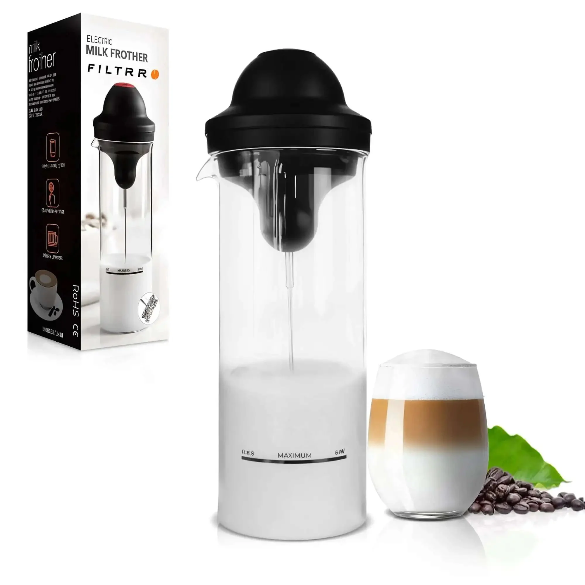 Milk Frother With Glass Pitcher Handheld Battery Operated Foam Maker For Coffee Latte Cappuccino Hot Chocolate Dressing Easy To Use Durable ABS Body With Stainless Steel Whisk Great Kitchen Gadget