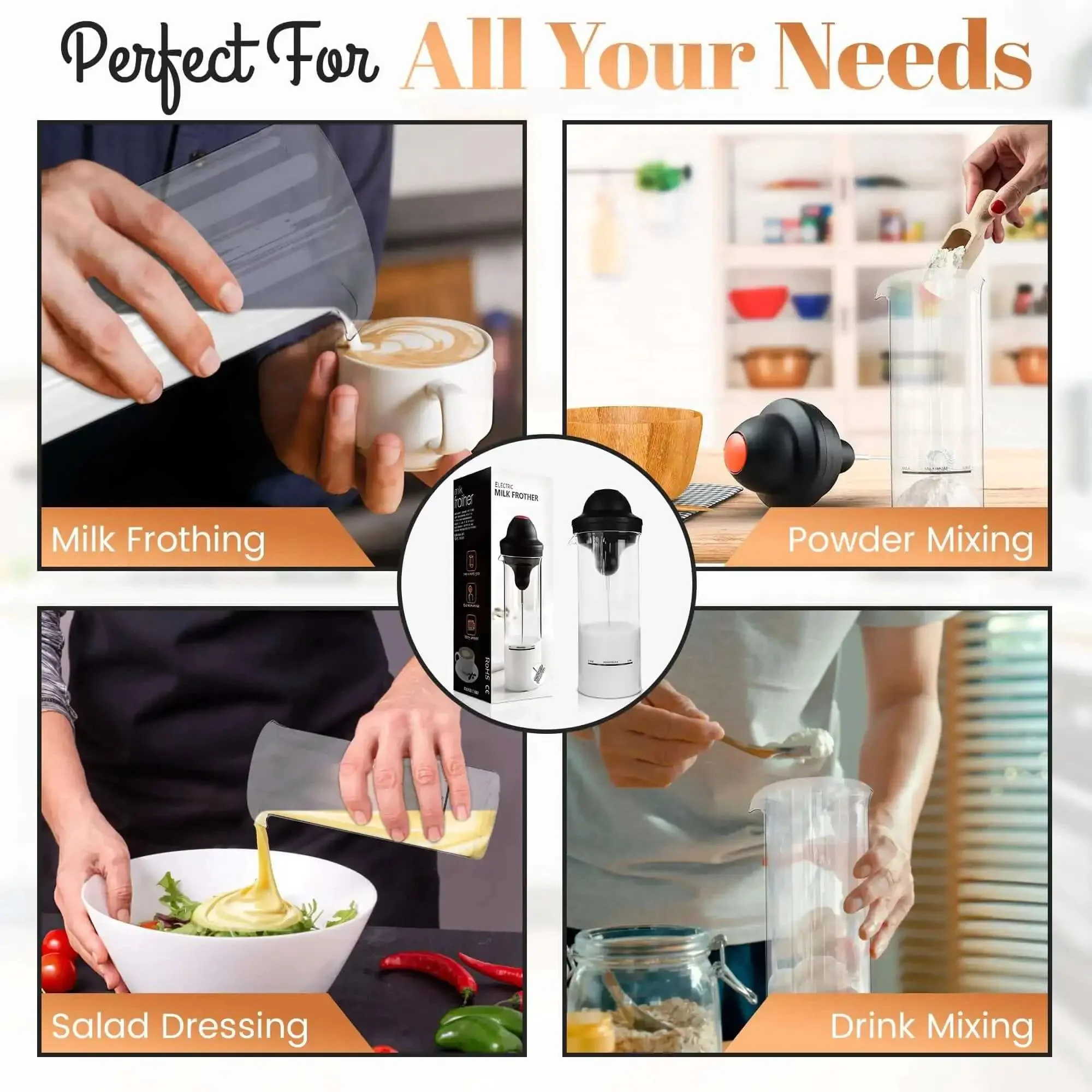 Milk Frother With Glass Pitcher Handheld Battery Operated Foam Maker For Coffee Latte Cappuccino Hot Chocolate Dressing Easy To Use Durable ABS Body With Stainless Steel Whisk Great Kitchen Gadget - Image 5