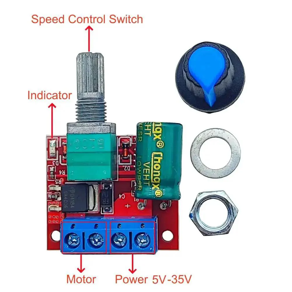 Mini DC Motor PWM Speed Controller 5V-35V Regulator Module 0-5A 90W Dimming For LEDs And RC Hobby Projects Kit Five Pack With Low Idle Current And Self Recovery Fuse Adjustable Speed Control - Image 4