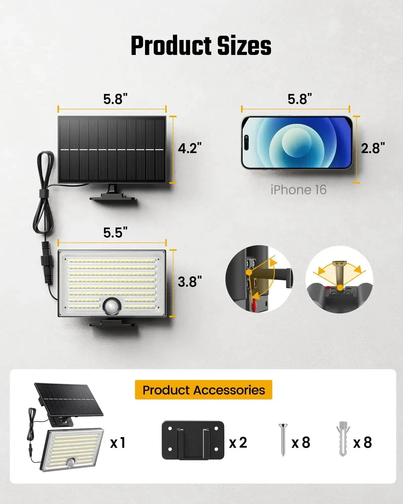 Mini Solar Flood Lights Outdoor With Motion Sensor 170 LED Dusk To Dawn 16.5 Ft Cable 3 Modes IP65 Waterproof 2 Pack Solar Garden Lights For Patio Yard Path - Image 4