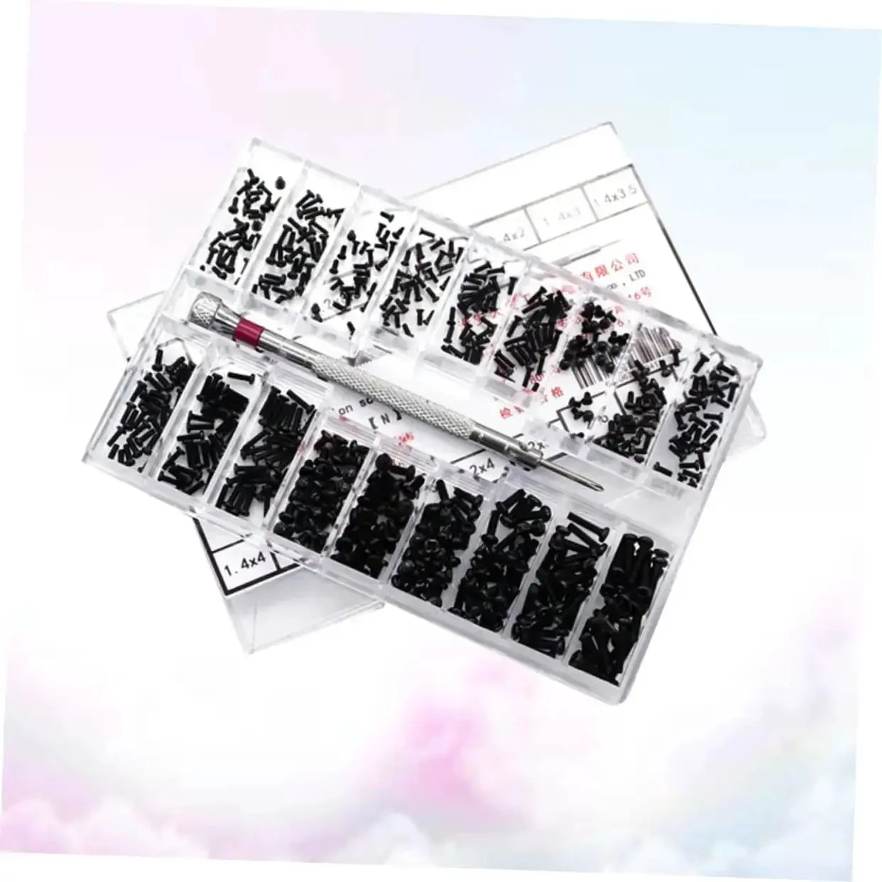 Miniature Machine Screw Set With 18 Sizes Flat Head Countersunk Carbon Steel Screws In Clear Storage Box For Glasses Repair Electronics And Hobby Projects Easy Access Organization - Image 2