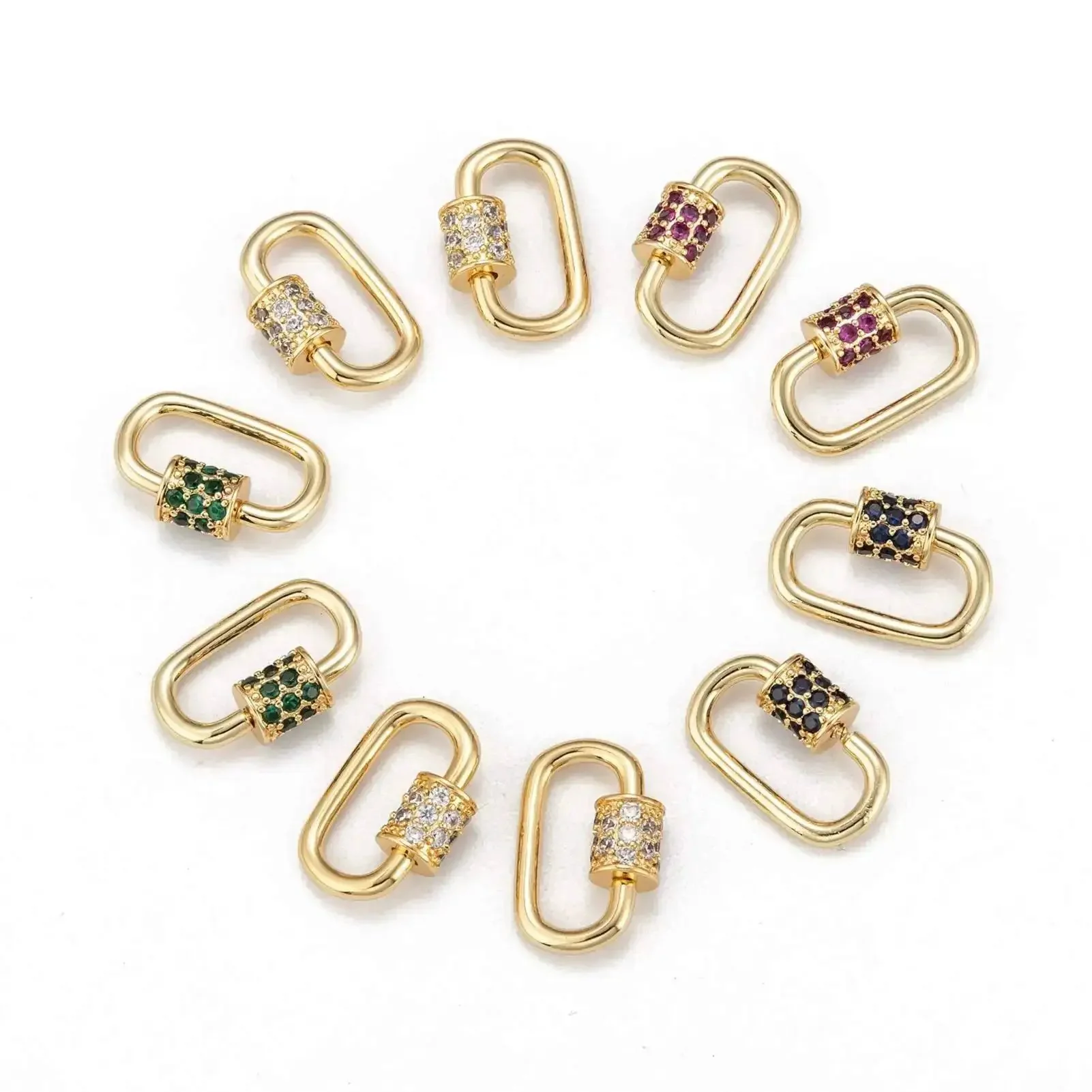 Mixed Color Micro Pave Cubic Zirconia Carabiner Lock Charms, Oval Clasp, Screw Locking Carabiners, 19x12mm, Perfect For Necklaces, Keychains, Jewelry Making, 10 Pieces Of Sparkly Bling