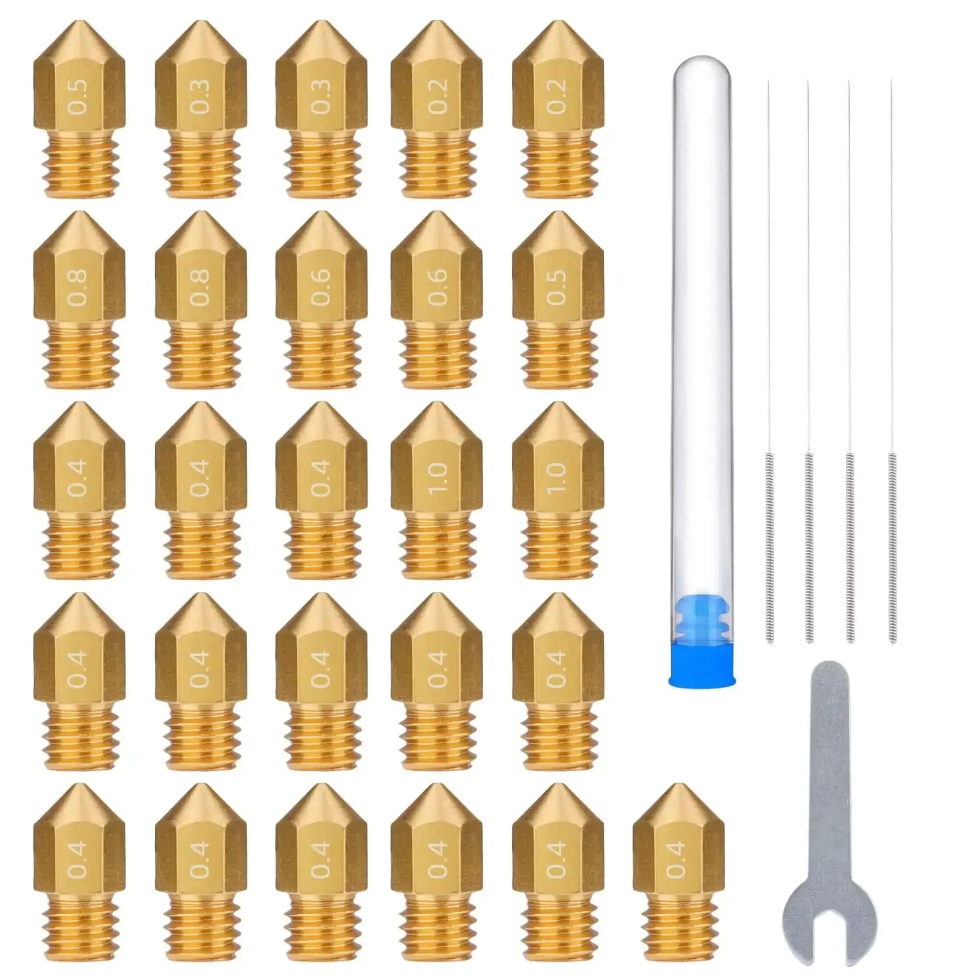 MK8 Brass 3D Printer Nozzle Set All In One Upgrade Kit With 26 Piece Multi Size 0.2mm 0.3mm 0.4mm 0.5mm 0.6mm 0.8mm 1.0mm Nozzles Includes Cleaning Needles And Wrench Compatible With Neptune 3 Series And More