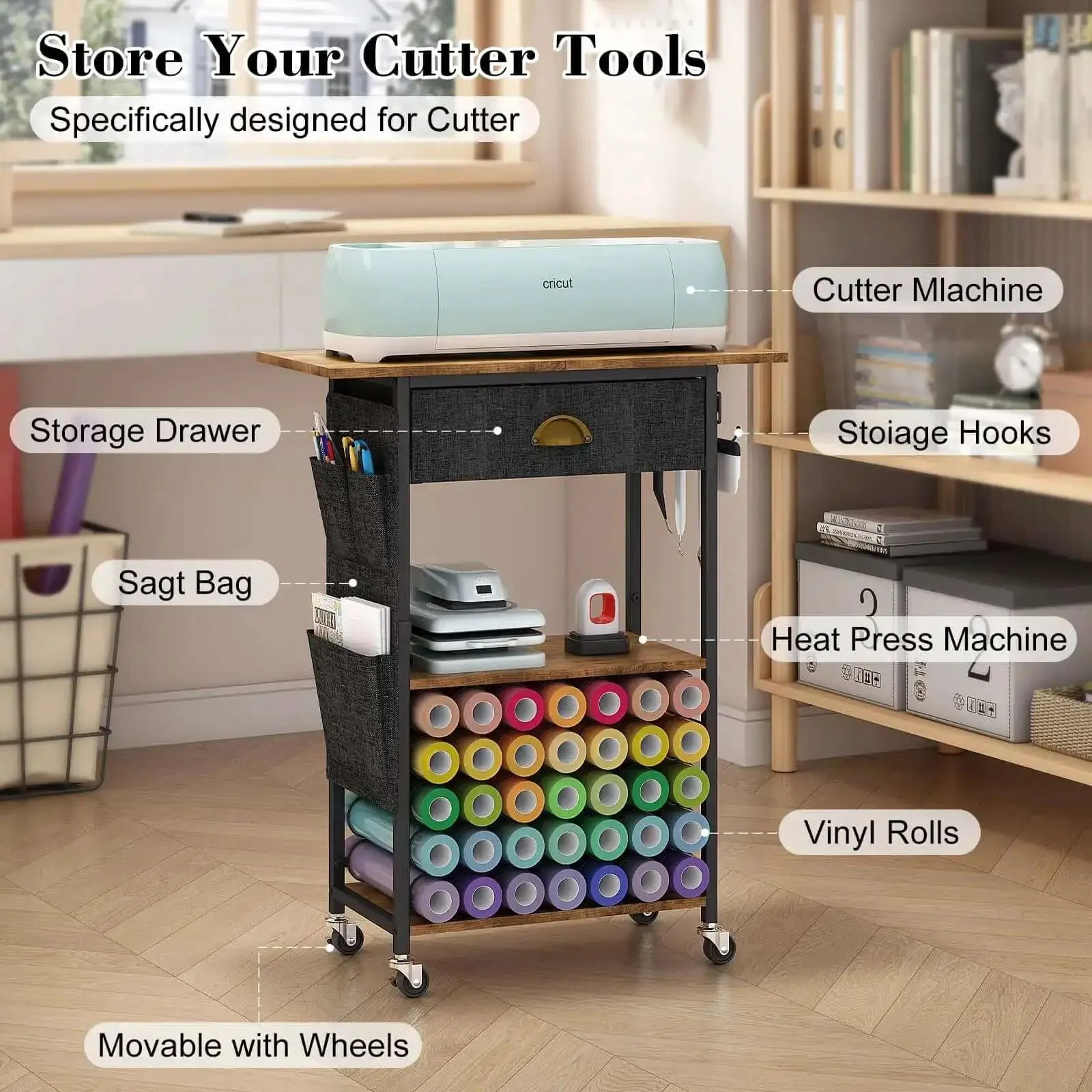 Mobile Craft Cart Organizer With Wheels For Cutting Tools Machines Vinyl Rolls And Heat Press Stand A Versatile Craft Room Storage Solution That Keeps All Your Tools Neat Handy And Ready To Create On The Go Anywhere - Image 6
