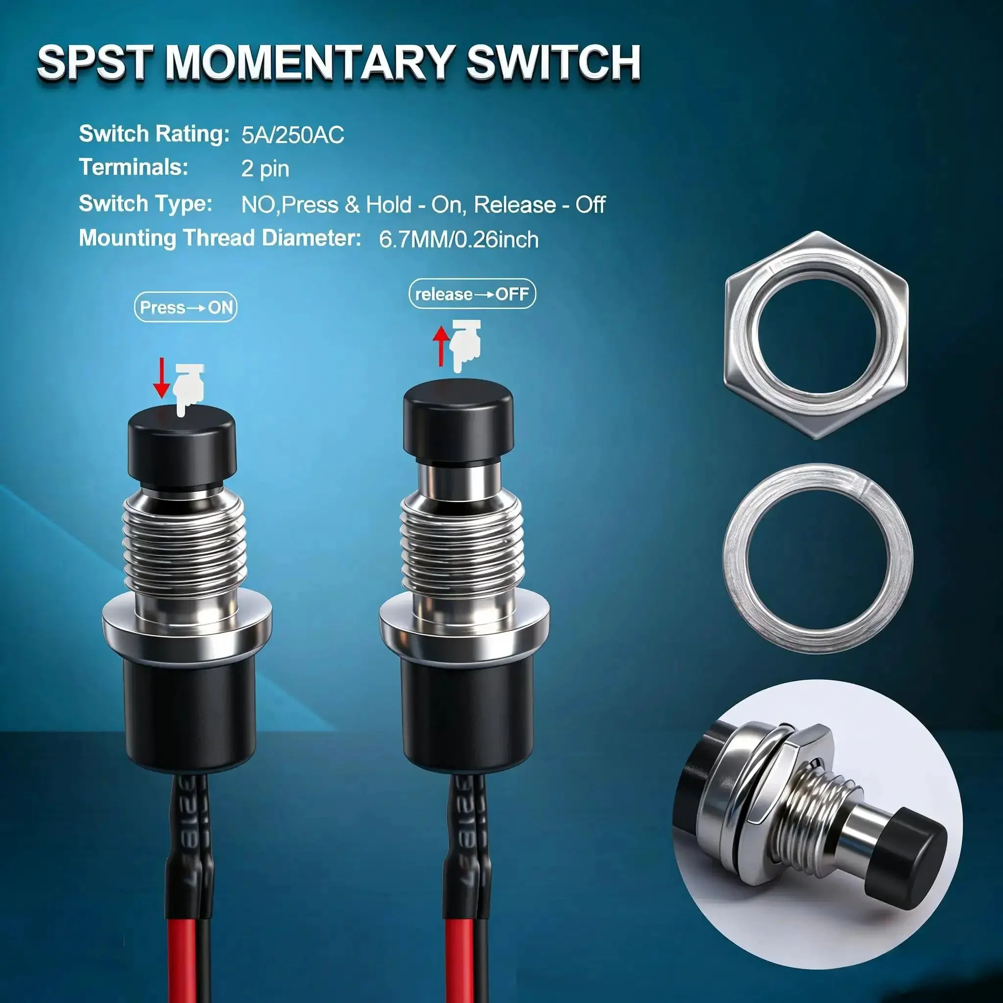 Momentary Push Button Switch 2 Pin SPST Normally Open Mini Round 7mm Black Button With Pre Soldered Wires For DIY Projects Arcade Panels And Power On Off Use 3V 6V 12V 24V And 250V - Image 4