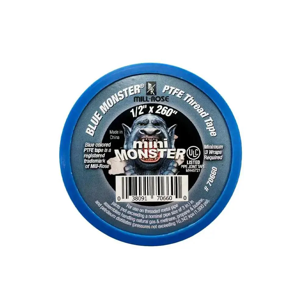 Monster Roll PTFE Thread Seal Tape Blue Half Inch By Two Hundred Sixty Inch For High Pressure Sealing Up To Ten Thousand PSI, Heat Resistant From Minus Two Hundred Sixty Eight F To Plus Five Hundred F, For Water And Oil Fittings