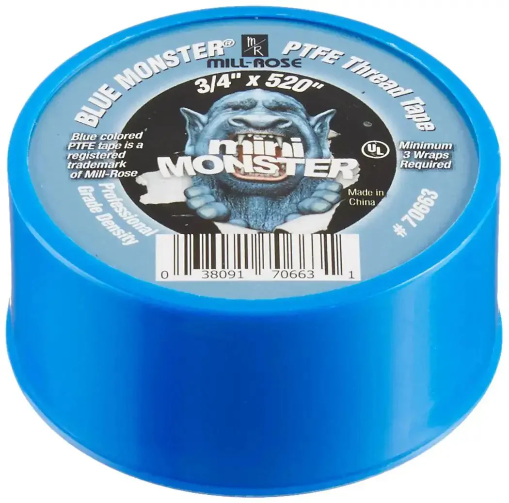 Monster Roll PTFE Thread Seal Tape Three Quarter Inch By Five Hundred Twenty Inch Blue For Pipe Threads Up To Two Inch Diameter Seals Water And Oil At Up To 10000 PSI And Temperature Range From Minus 450 Degrees To Plus 500 Degrees Fahrenheit