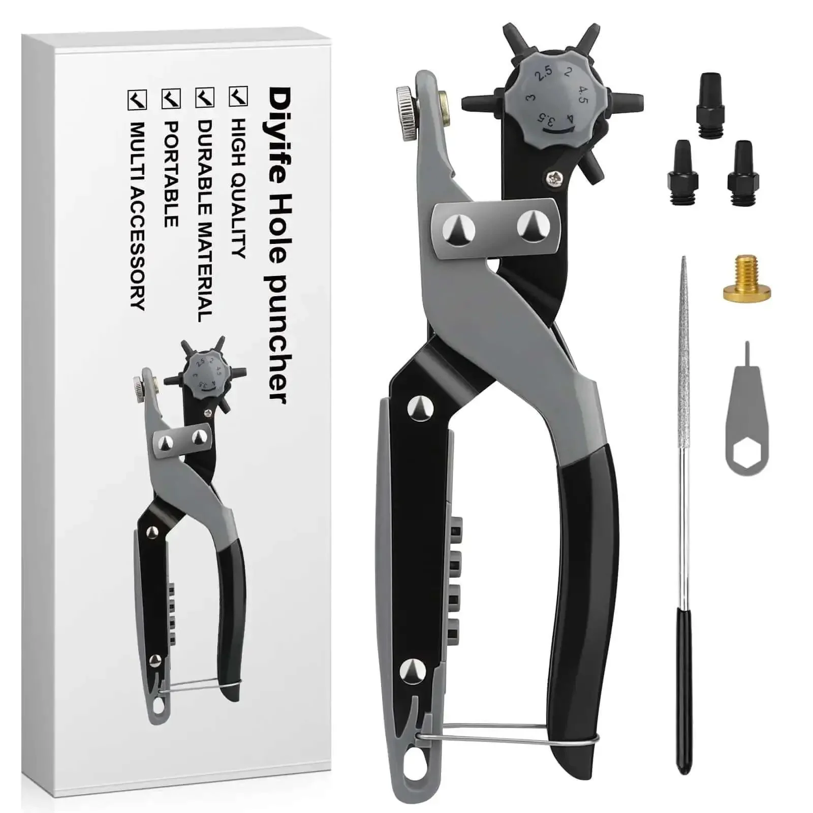 Multi Function Hole Punch Plier Set With Storage Case Grab And Go Revolving Replaceable Punch Heads Kit Six Size Circular Punches For Paper Card Plastic Fabric Crafts And DIY Projects For Home Office