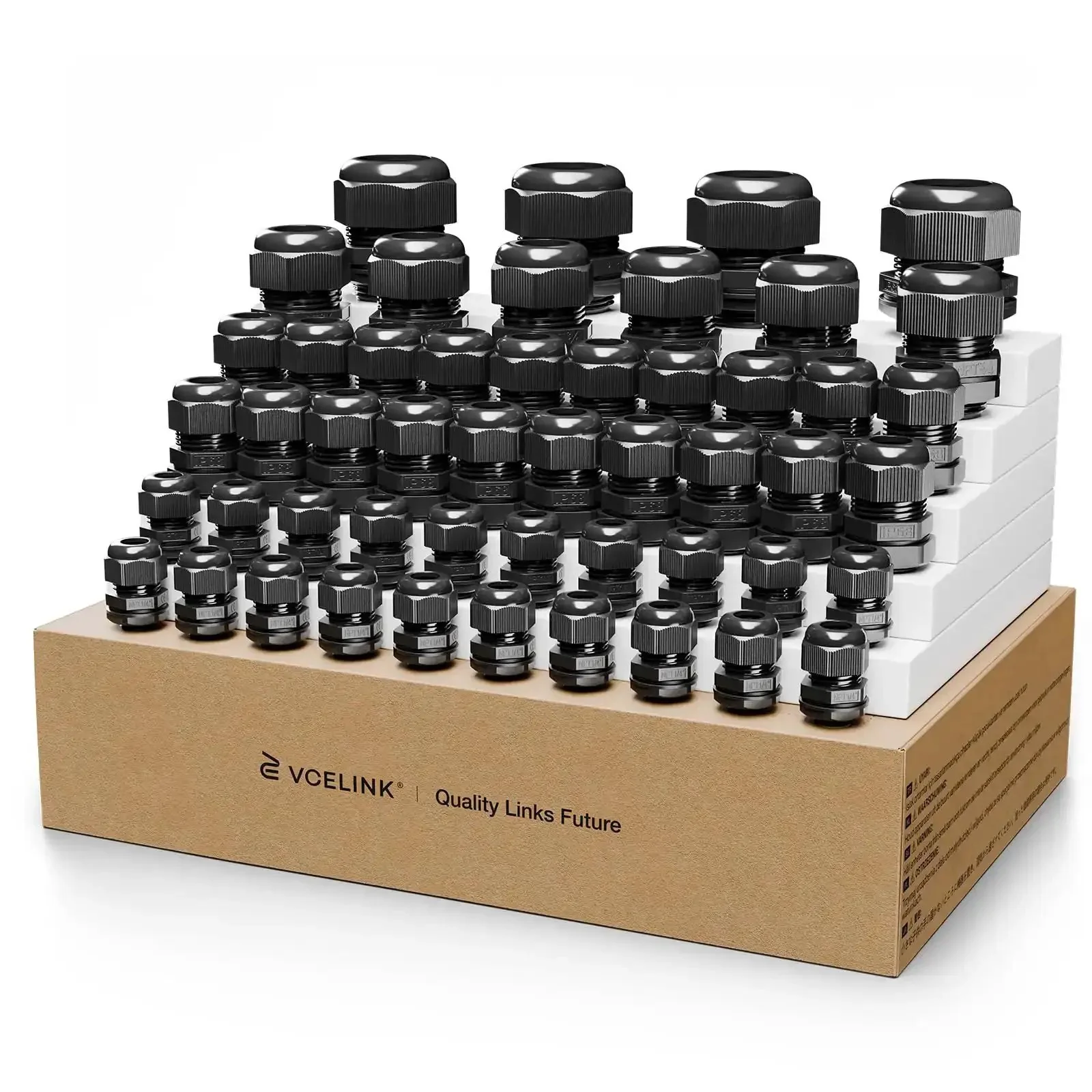 Multi Size Nylon Waterproof Cable Gland Kit With IP68 Cord Grips, 50 Piece Set For Electrical Panels And Lighting Setups, NPT One Quarter Inch To One Inch, Strain Relief Grommets, Black